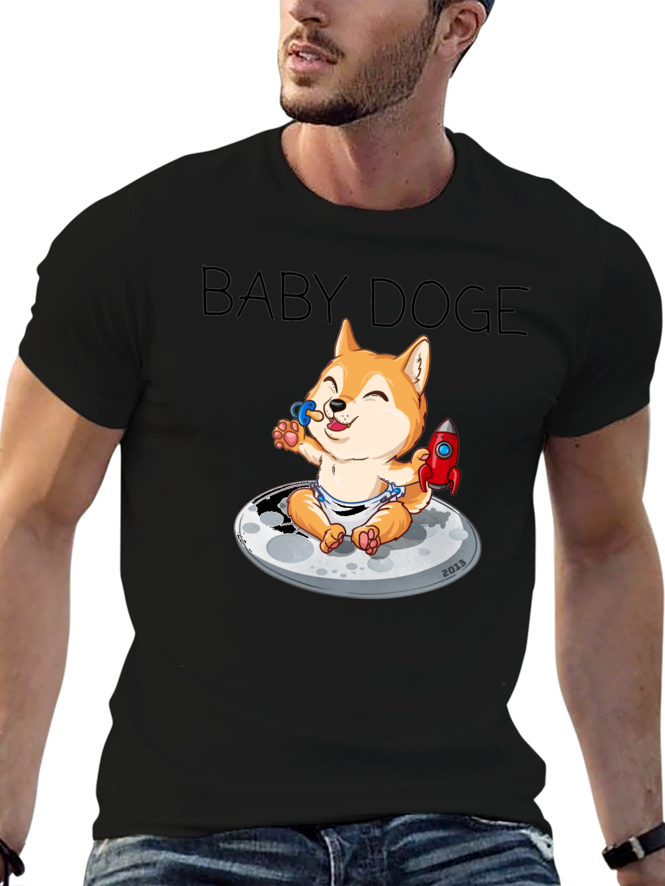 Baby Doge on the Moon Black Graphic Tee
