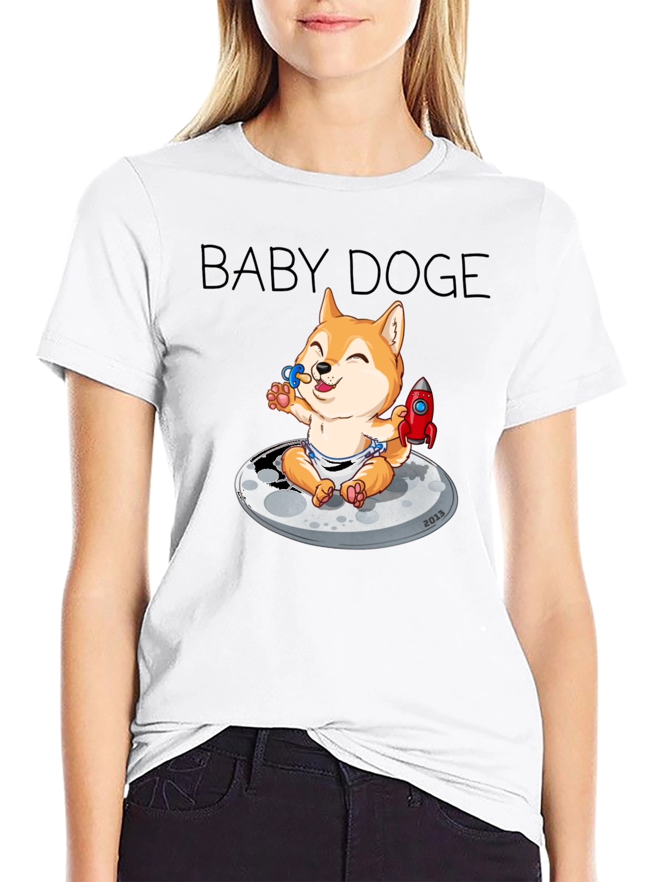 Baby Doge on the Moon Black Graphic Tee