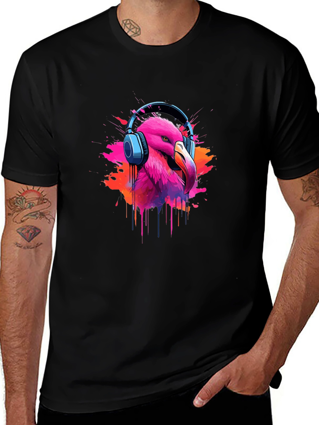 Flamingo Headphone Graphic Black Tee