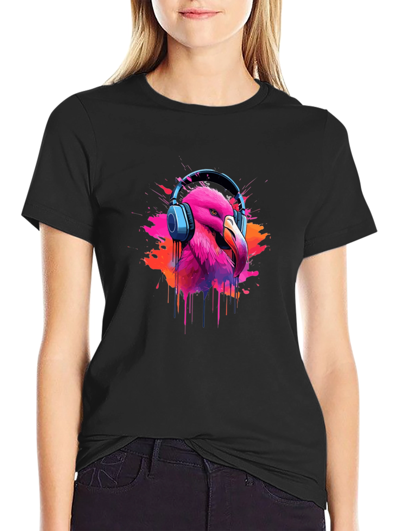 Flamingo Headphone Graphic Black Tee