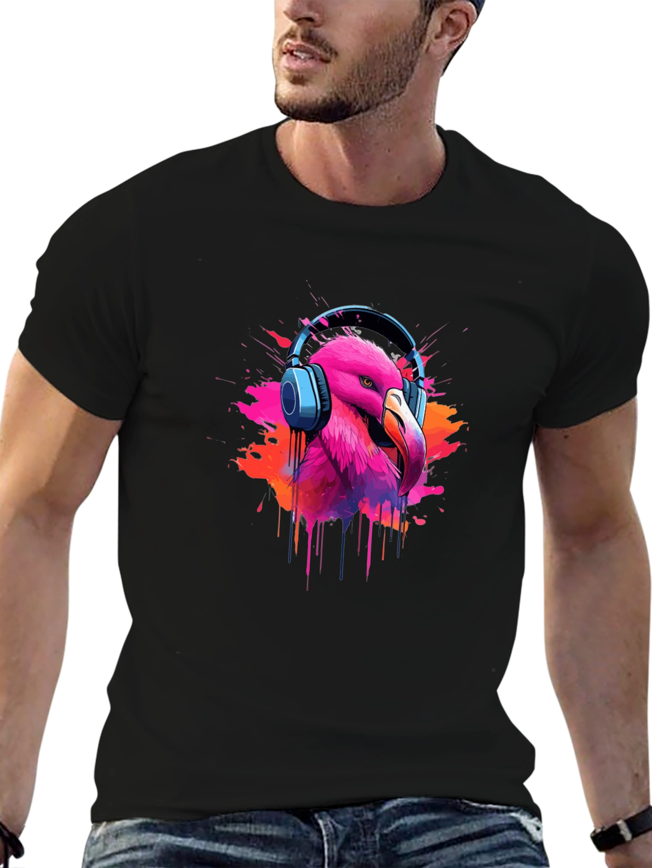 Flamingo Headphone Graphic Black Tee