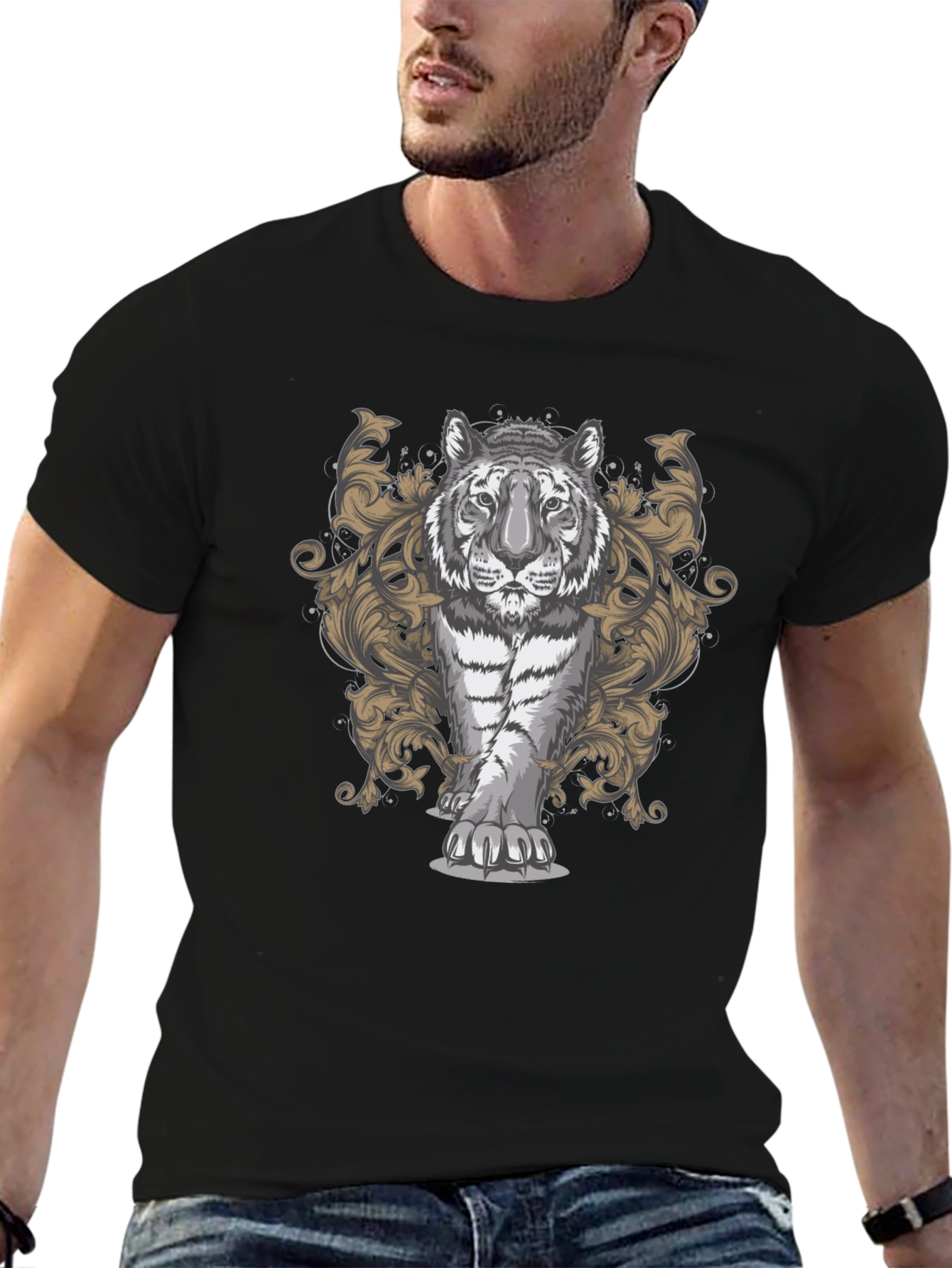 Tiger Graphic Print Mens Black T-Shirt