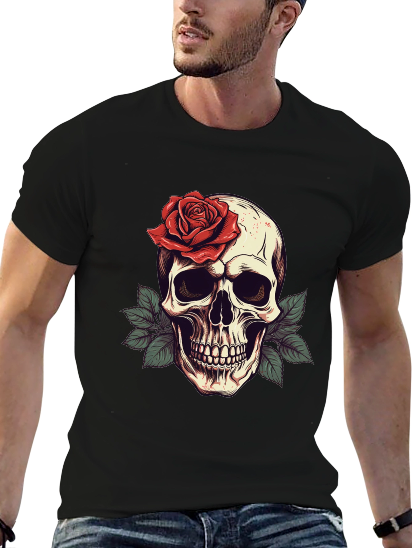 Skull & Rose Graphic Tee - Mens Black T-Shirt