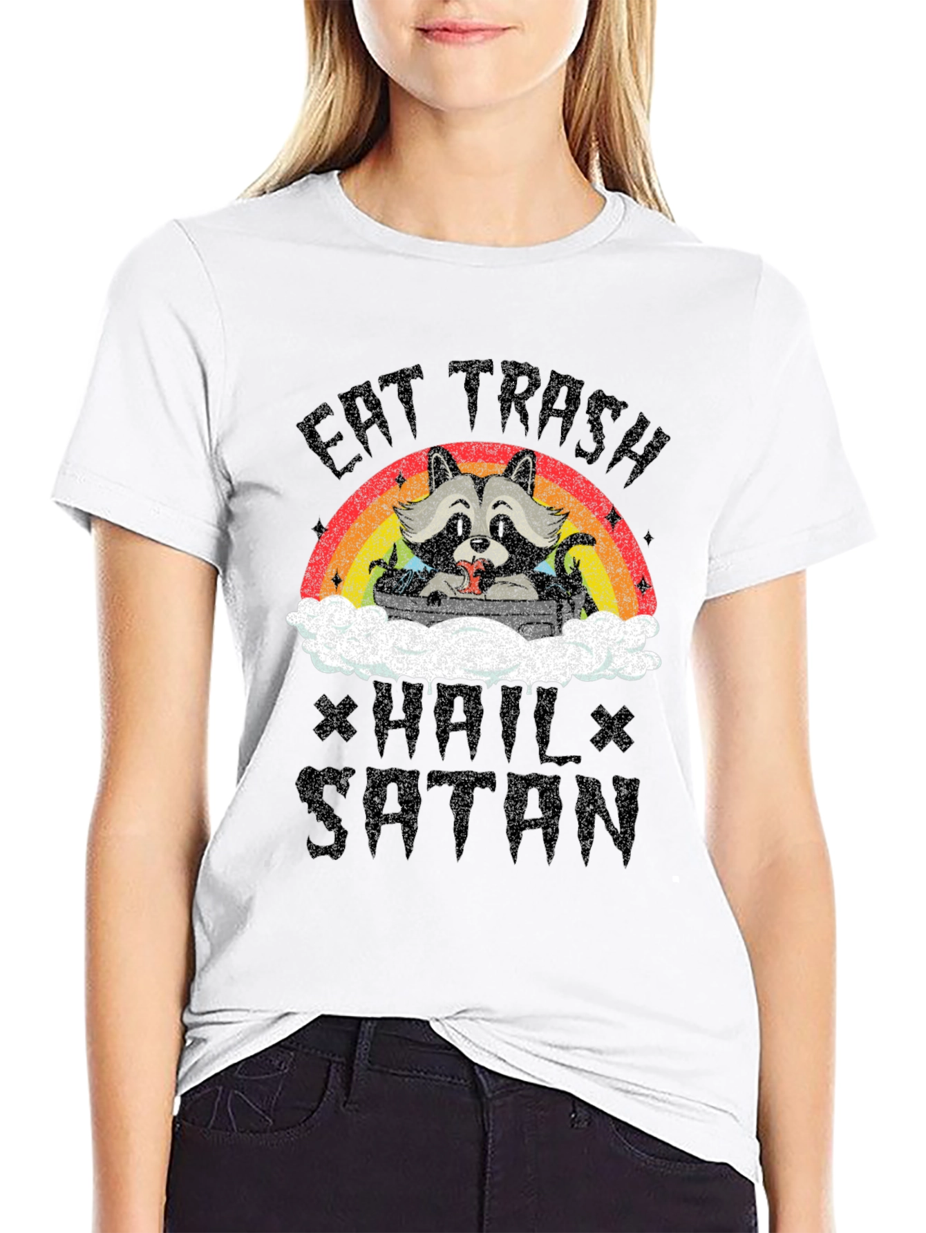 Eat Trash Hail Satan Funny Raccoon Graphic T-Shirt