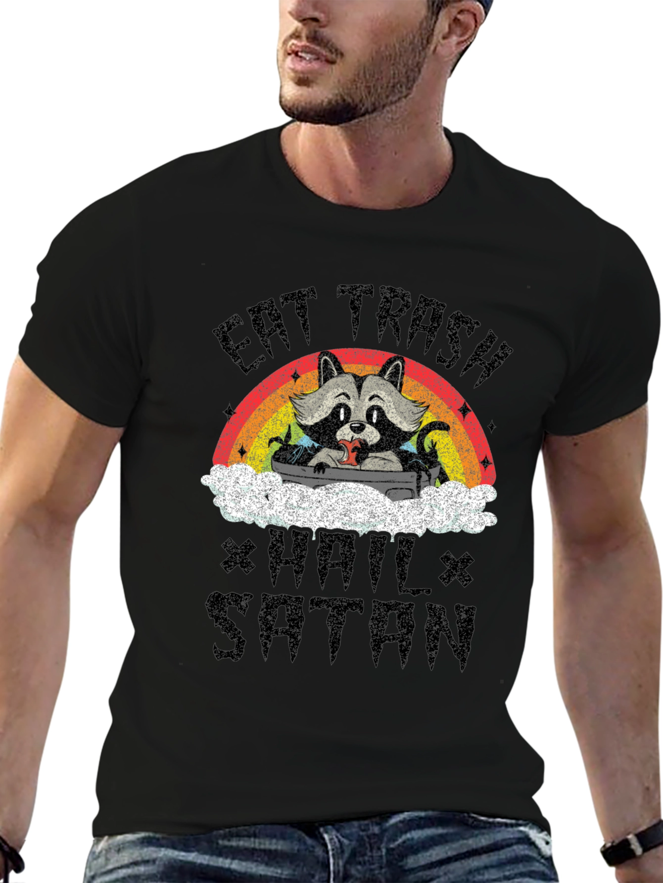 Eat Trash Hail Satan Funny Raccoon Graphic T-Shirt
