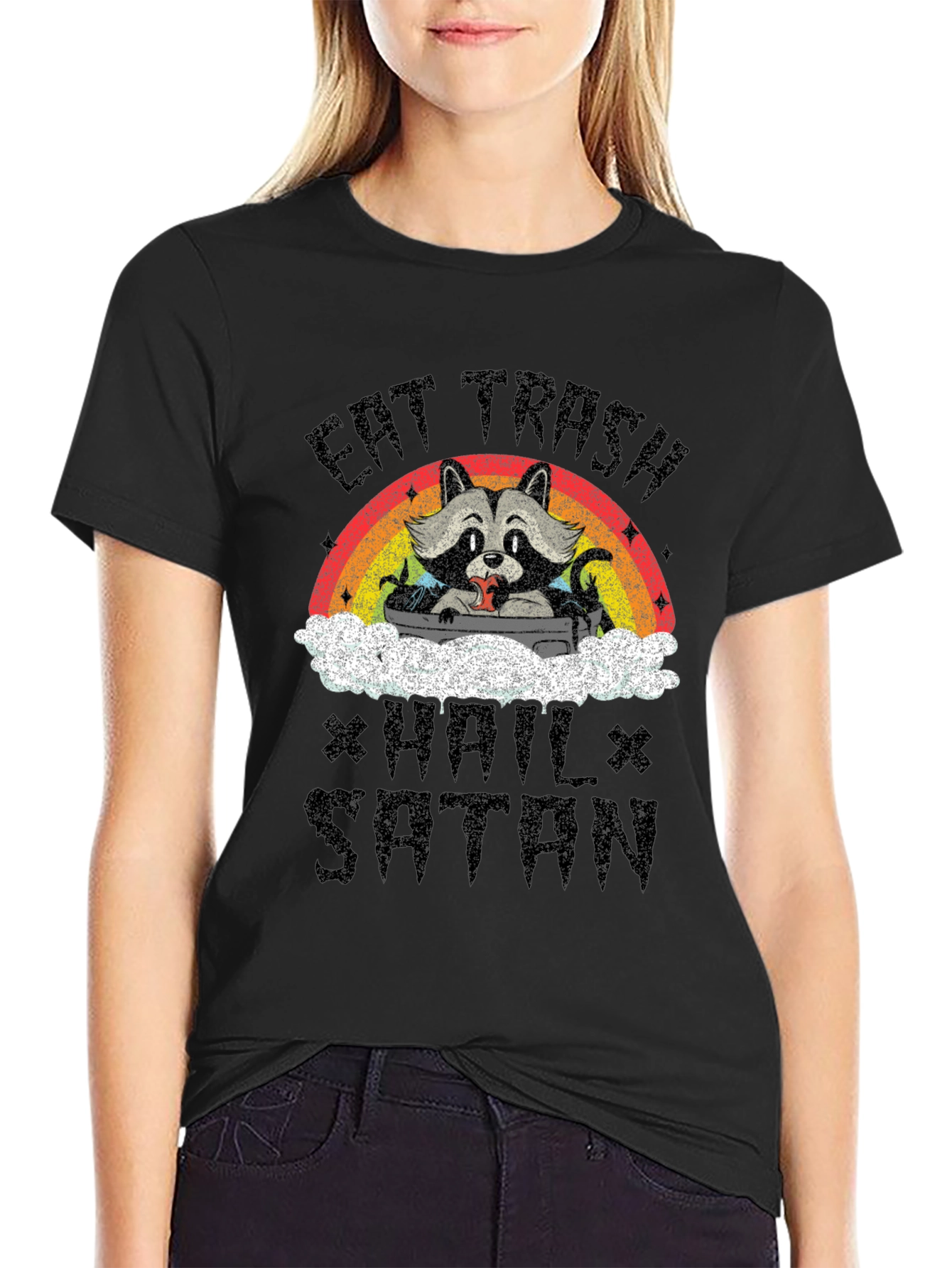 Eat Trash Hail Satan Funny Raccoon Graphic T-Shirt