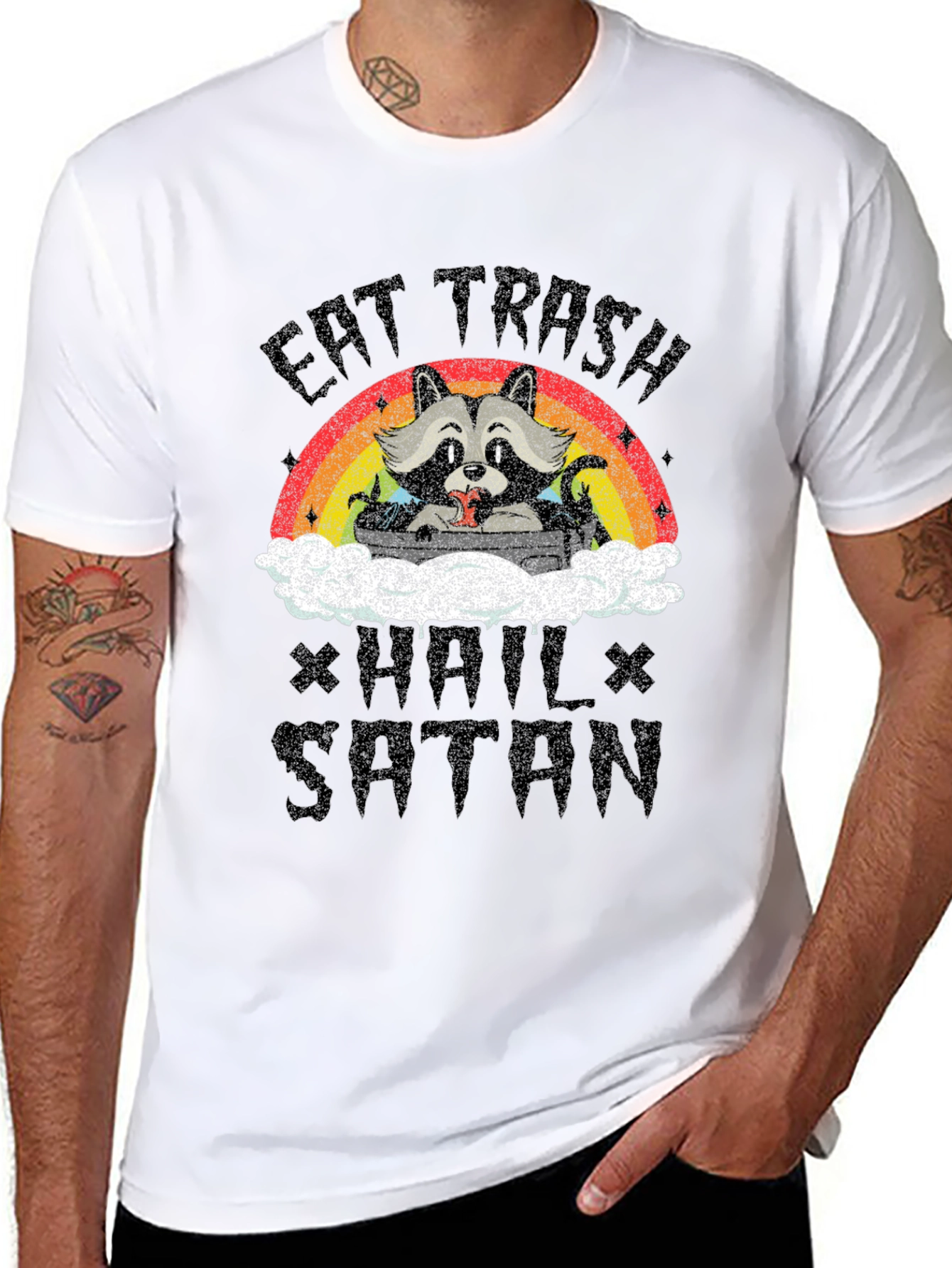 Eat Trash Hail Satan Funny Raccoon Graphic T-Shirt
