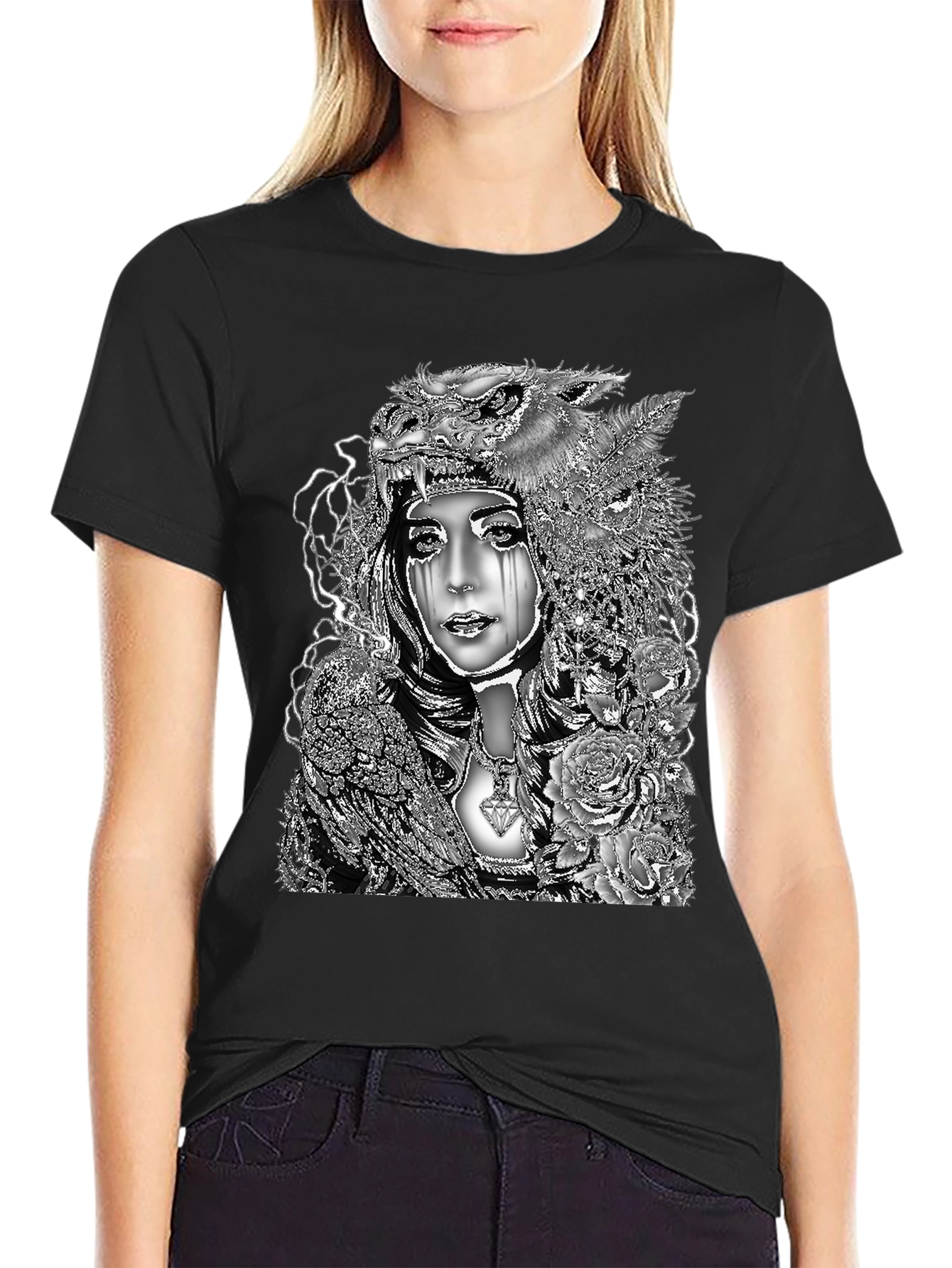 Wolf Headdress Woman Graphic Tee - Black