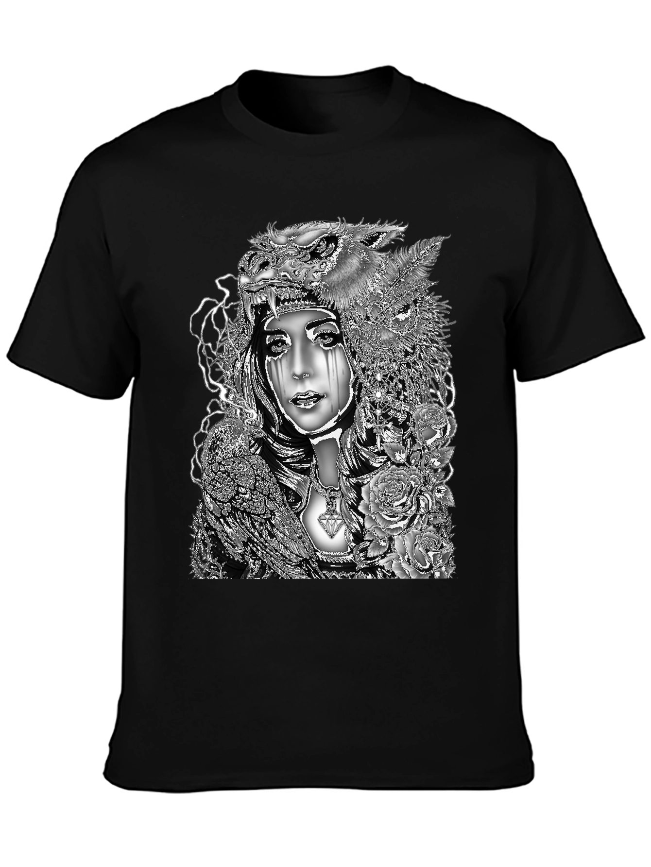 Wolf Headdress Woman Graphic Tee - Black
