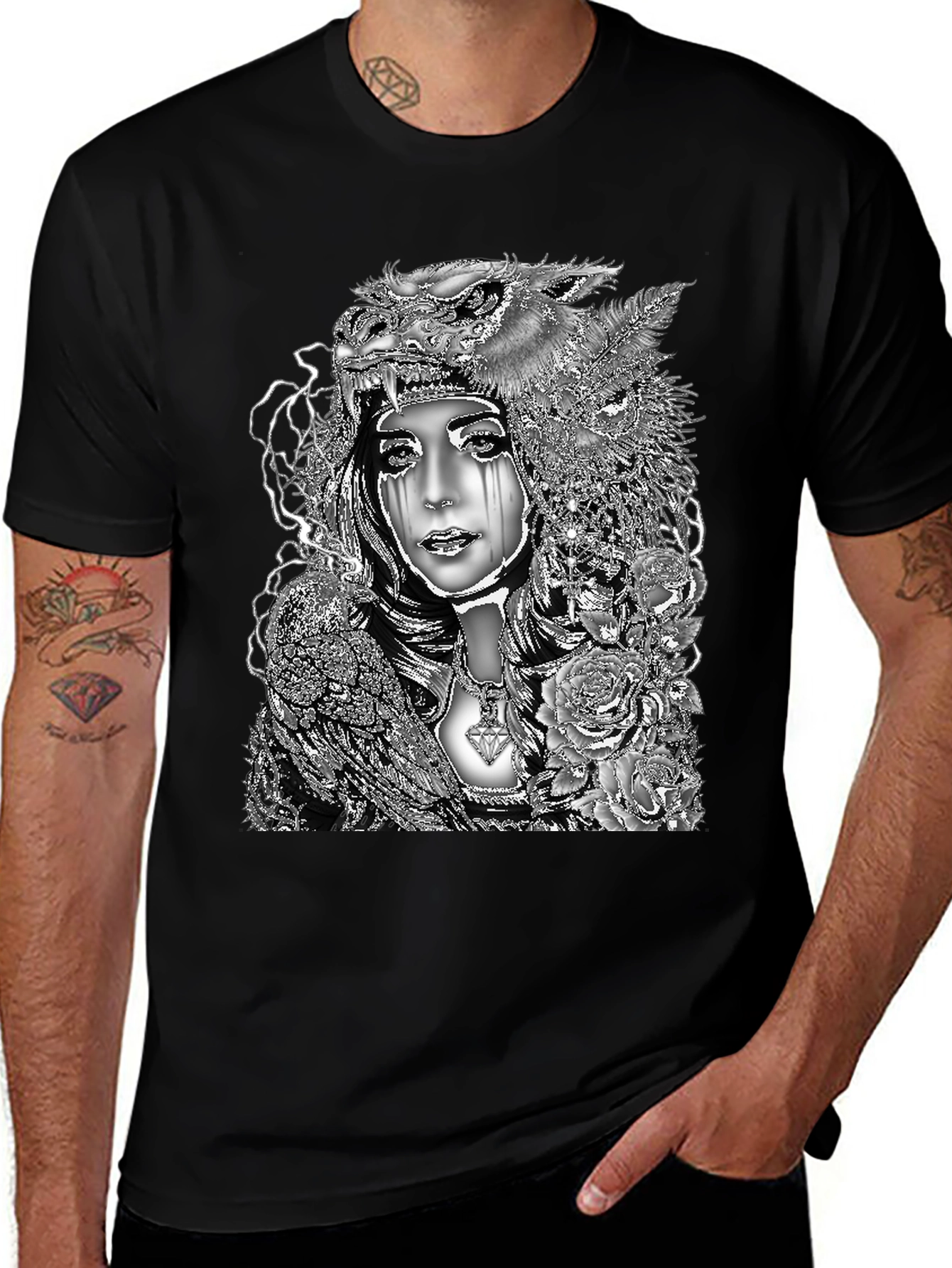 Wolf Headdress Woman Graphic Tee - Black