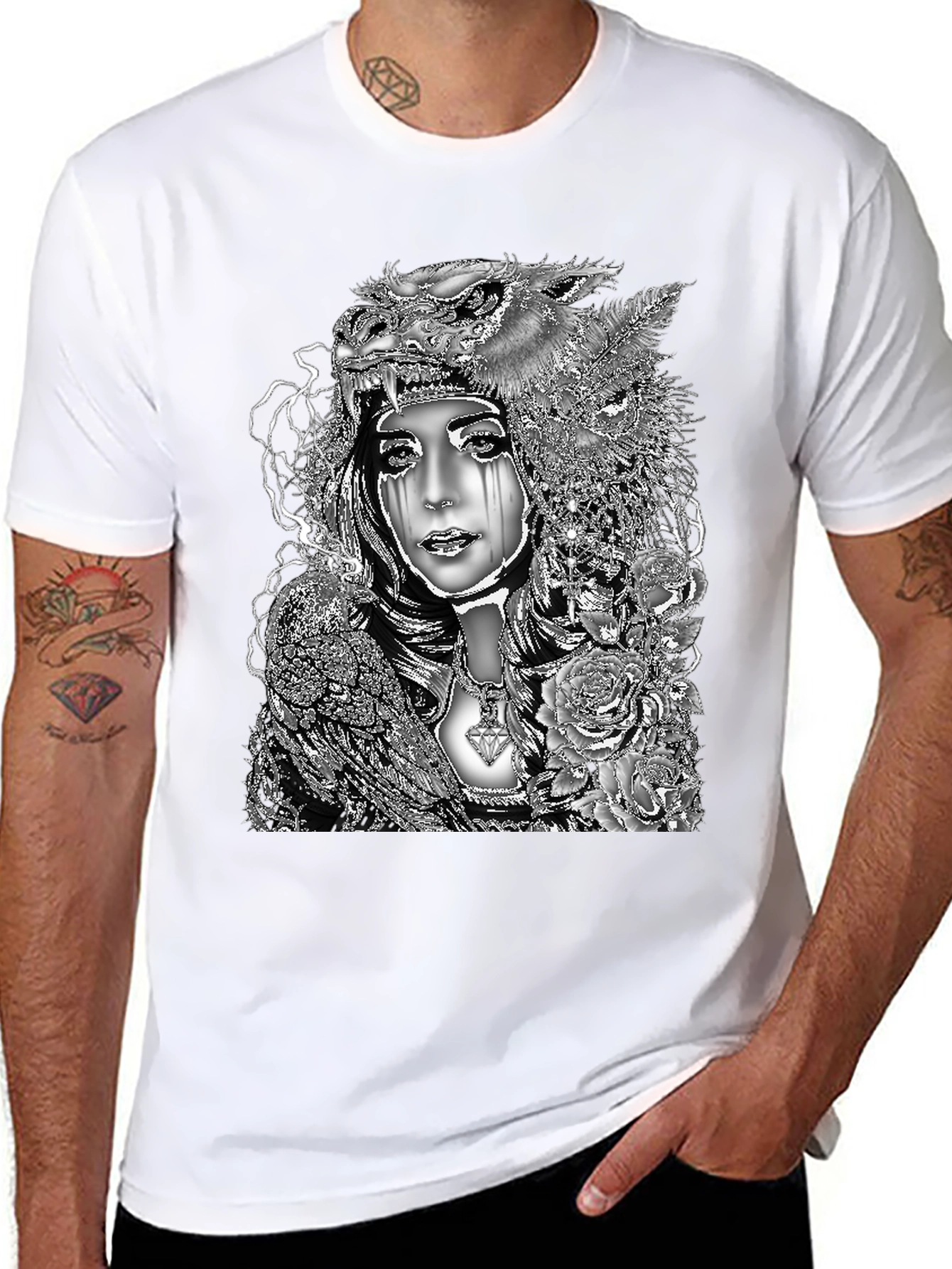 Wolf Headdress Woman Graphic Tee - Black