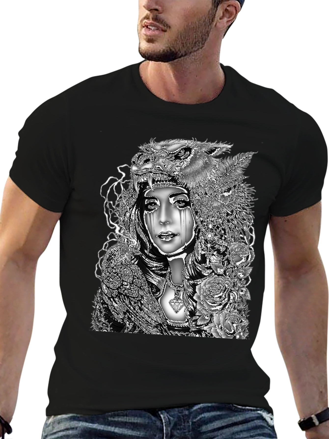 Wolf Headdress Woman Graphic Tee - Black