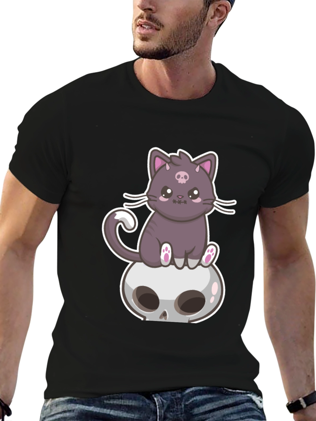 Cute Cat Skull T-Shirt - Gothic Kawaii Style