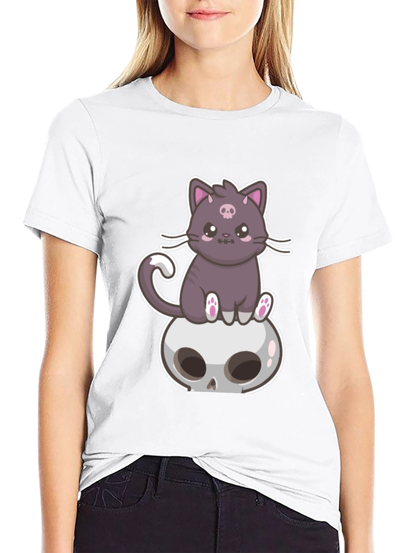 Cute Cat Skull T-Shirt - Gothic Kawaii Style