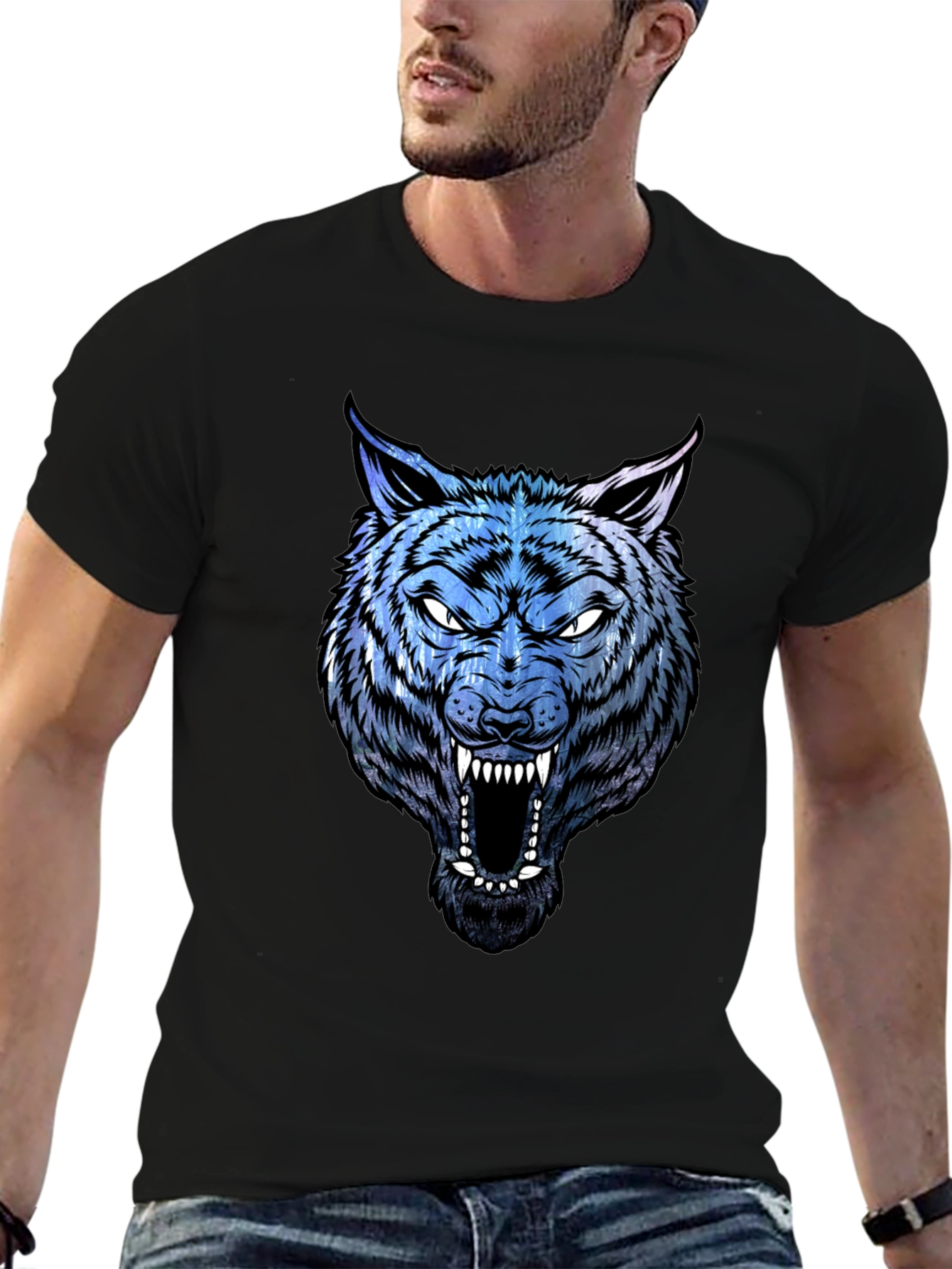 Mens Wolf Graphic Print Black T-Shirt