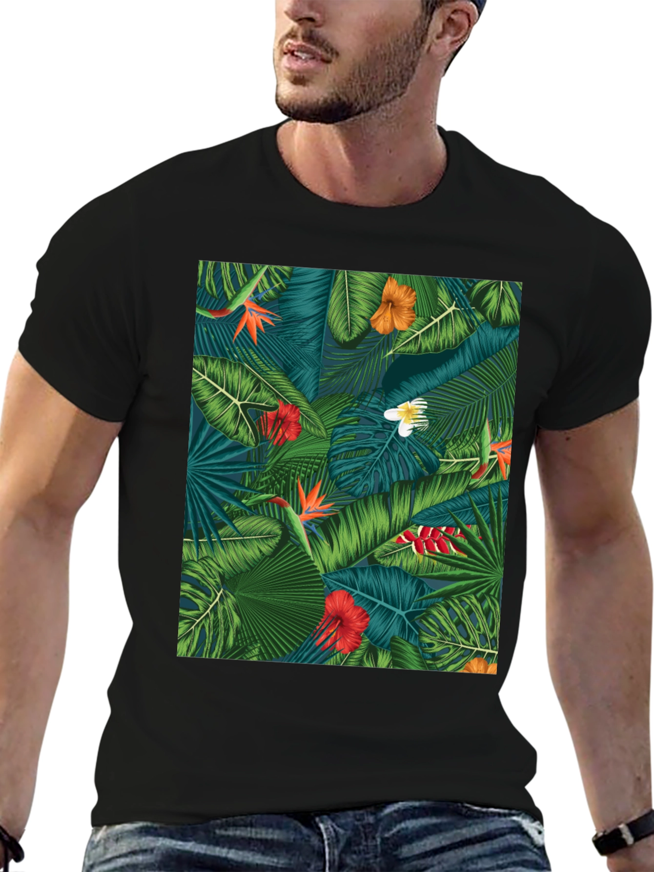 Tropical Floral Print Black T-Shirt