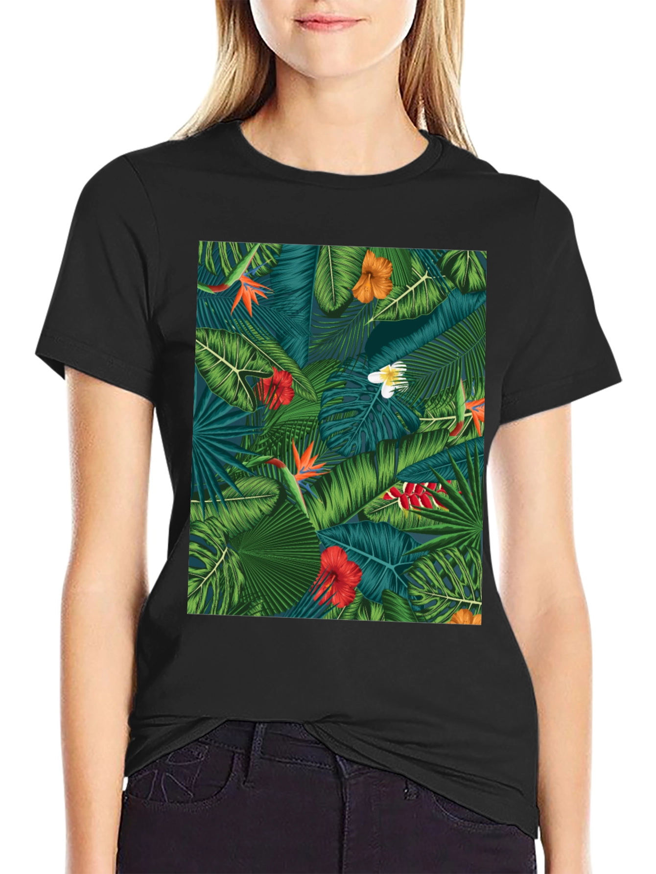 Tropical Floral Print Black T-Shirt