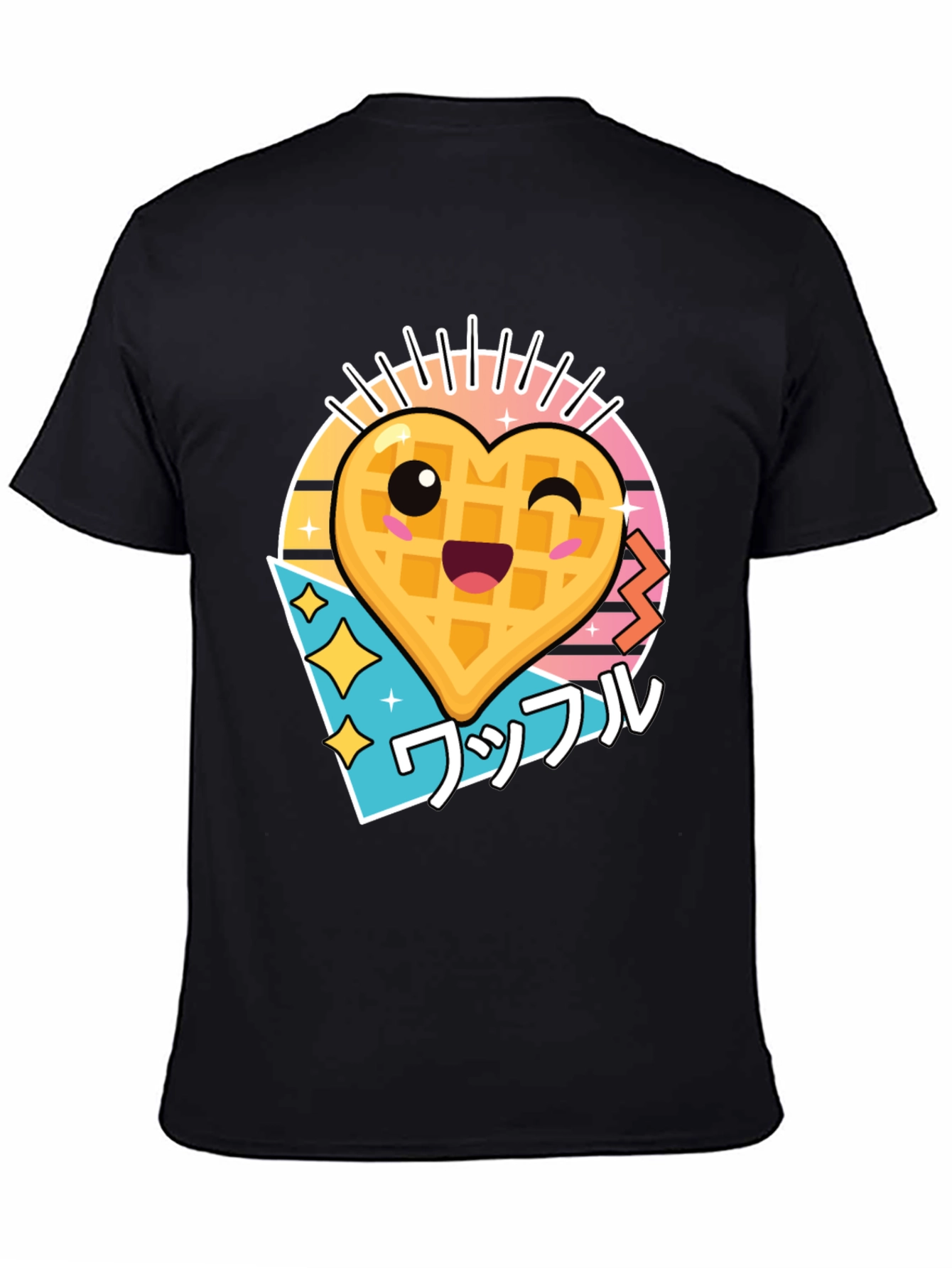 Kawaii Waffle Heart Graphic Tee - Black Cotton T-Shirt