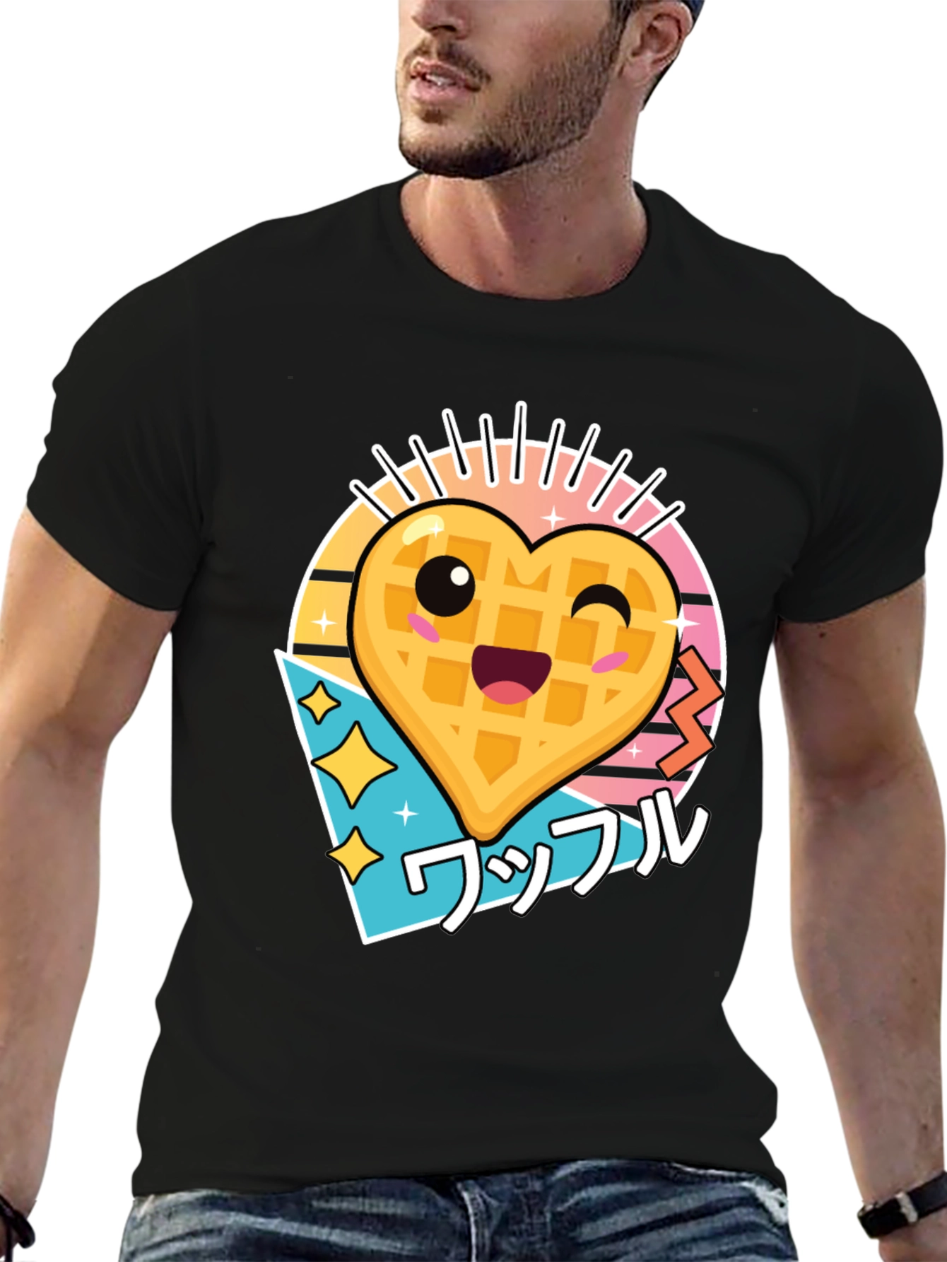 Kawaii Waffle Heart Graphic Tee - Black Cotton T-Shirt