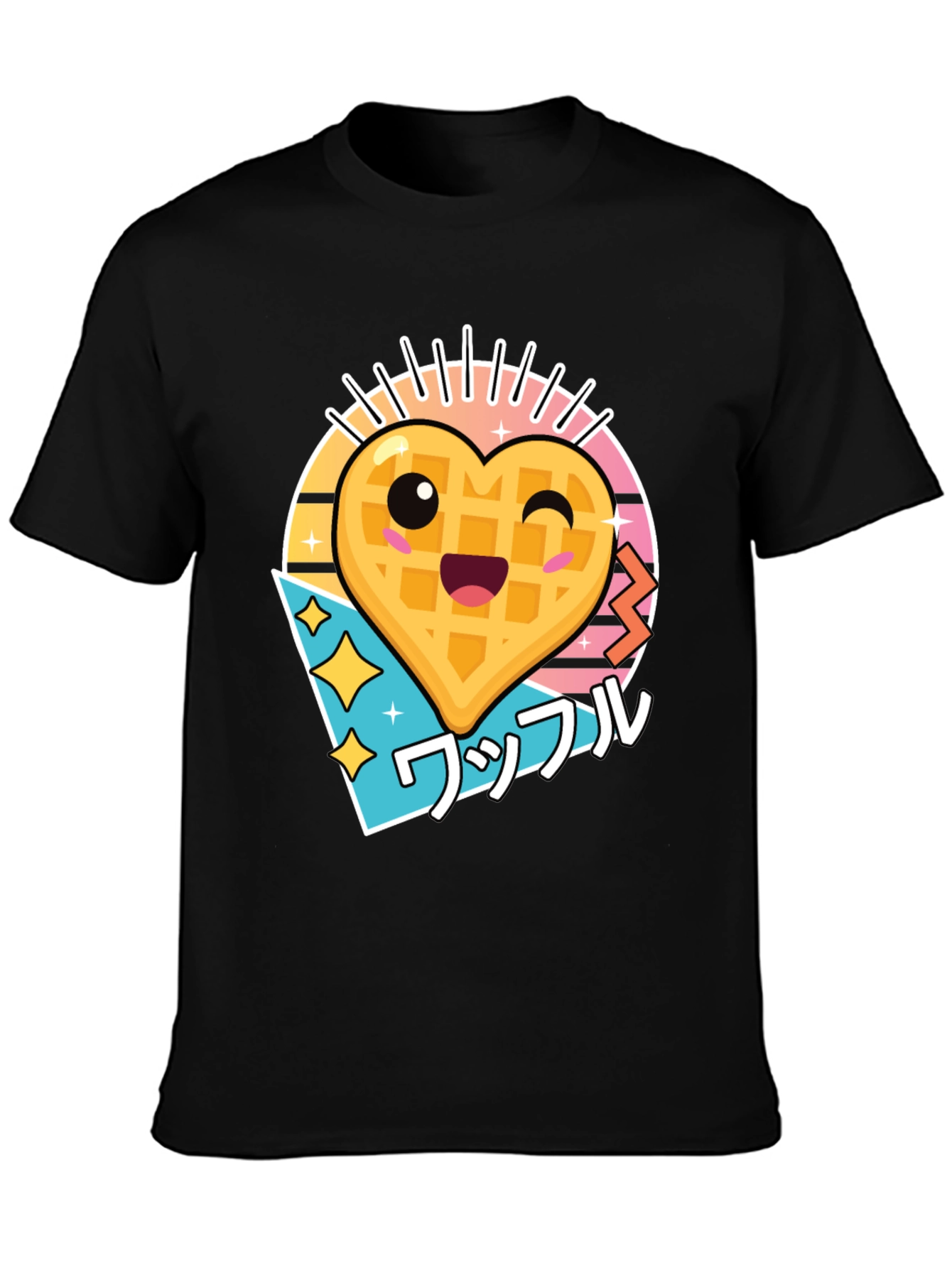 Kawaii Waffle Heart Graphic Tee - Black Cotton T-Shirt