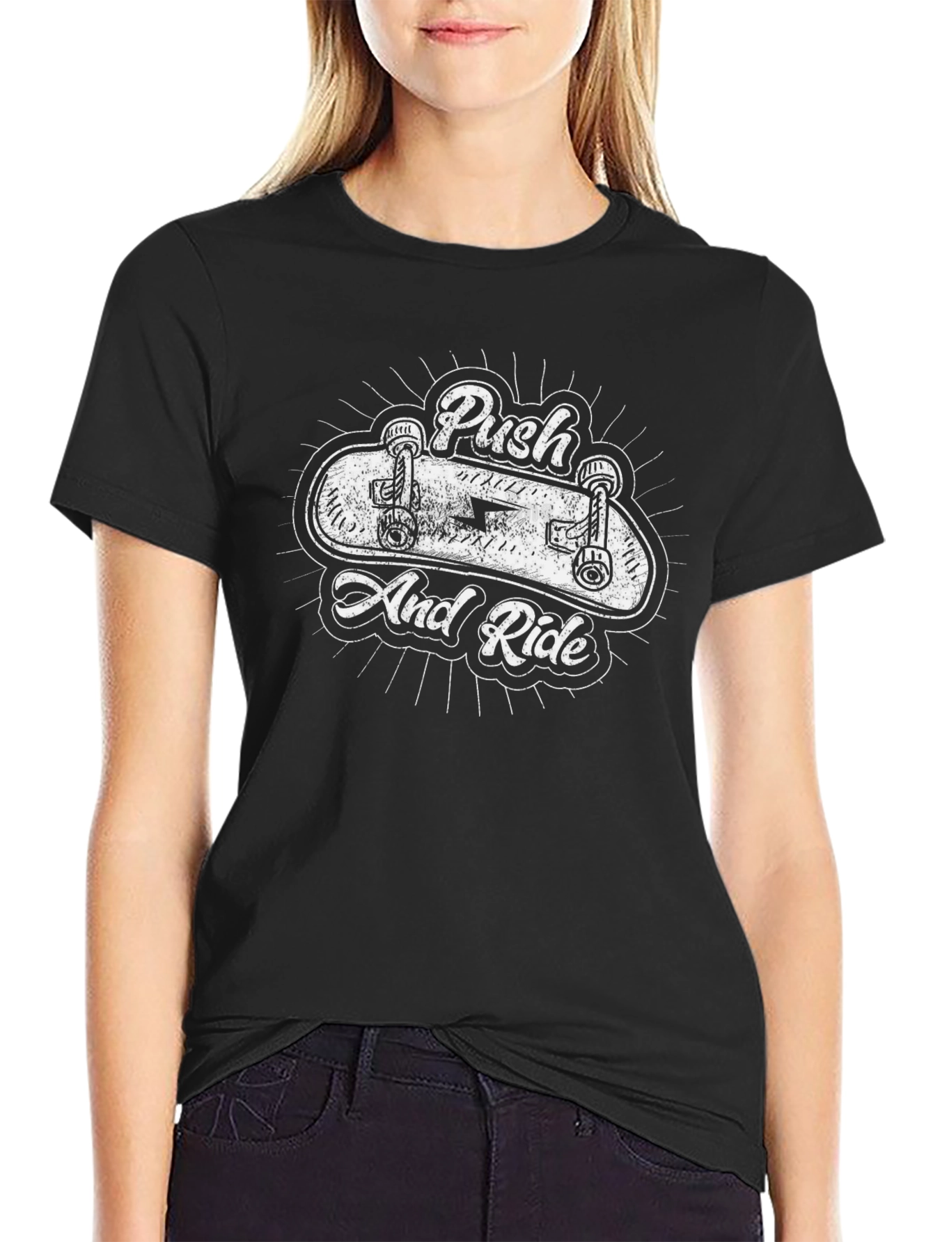 Push and Ride Skateboard Graphic Black T-Shirt
