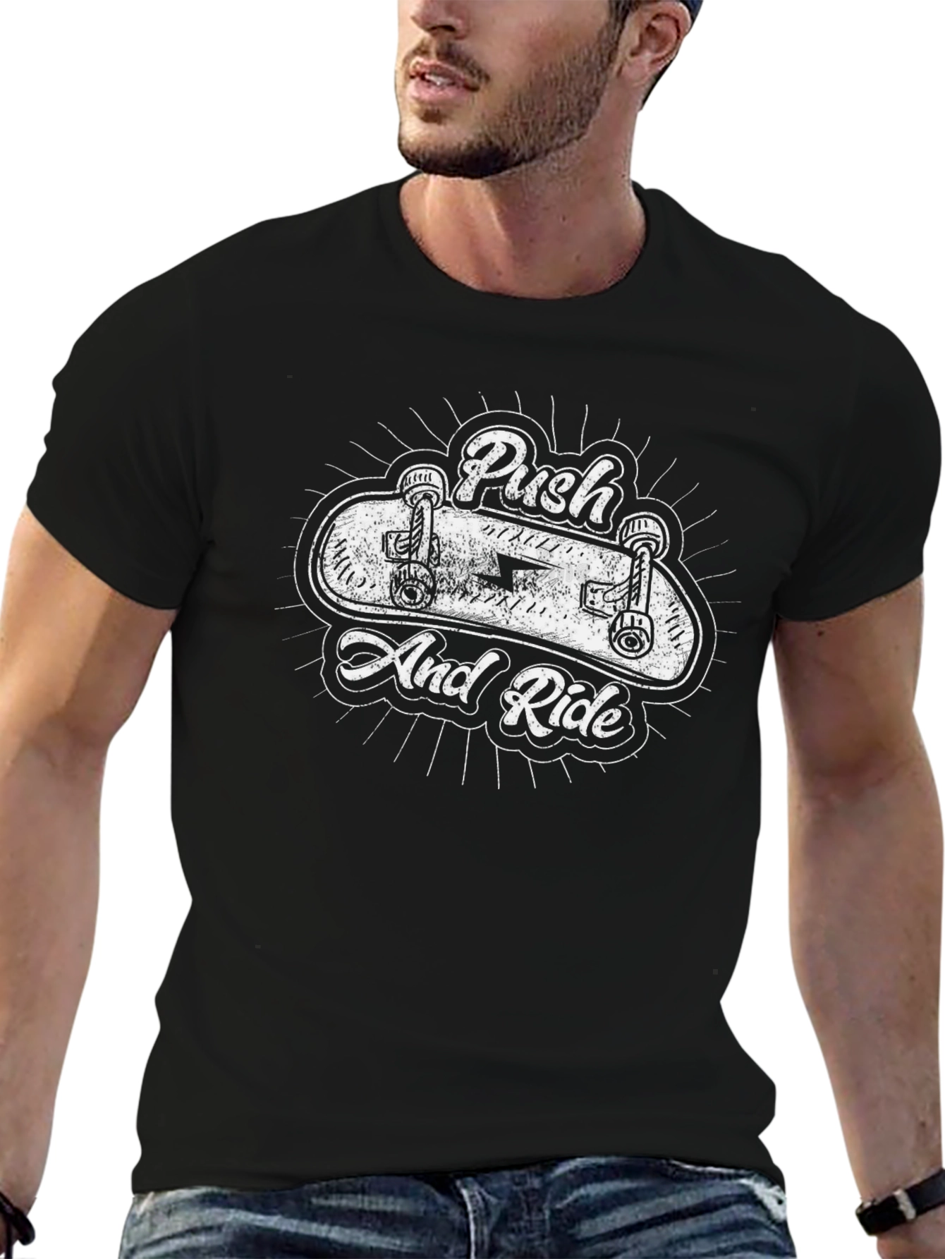 Push and Ride Skateboard Graphic Black T-Shirt