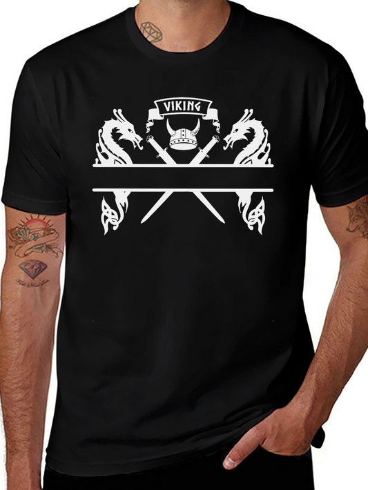 Viking Dragon Swords Graphic Tee - Black Cotton