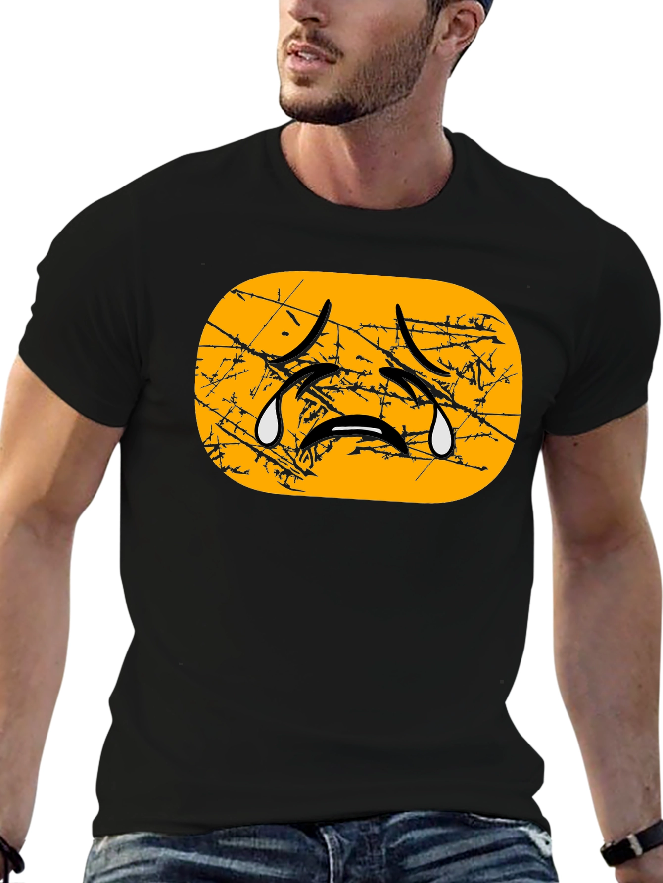 Distressed Crying Emoji T-Shirt - Black