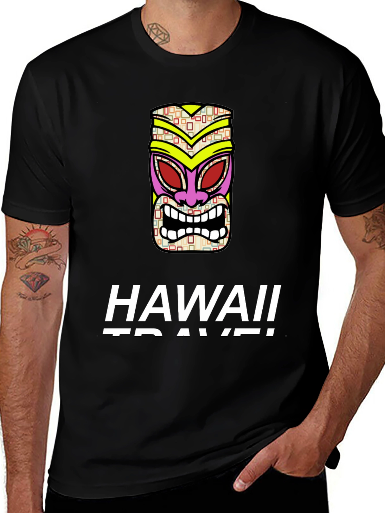 Hawaii Travel Tiki Mask Black T-Shirt