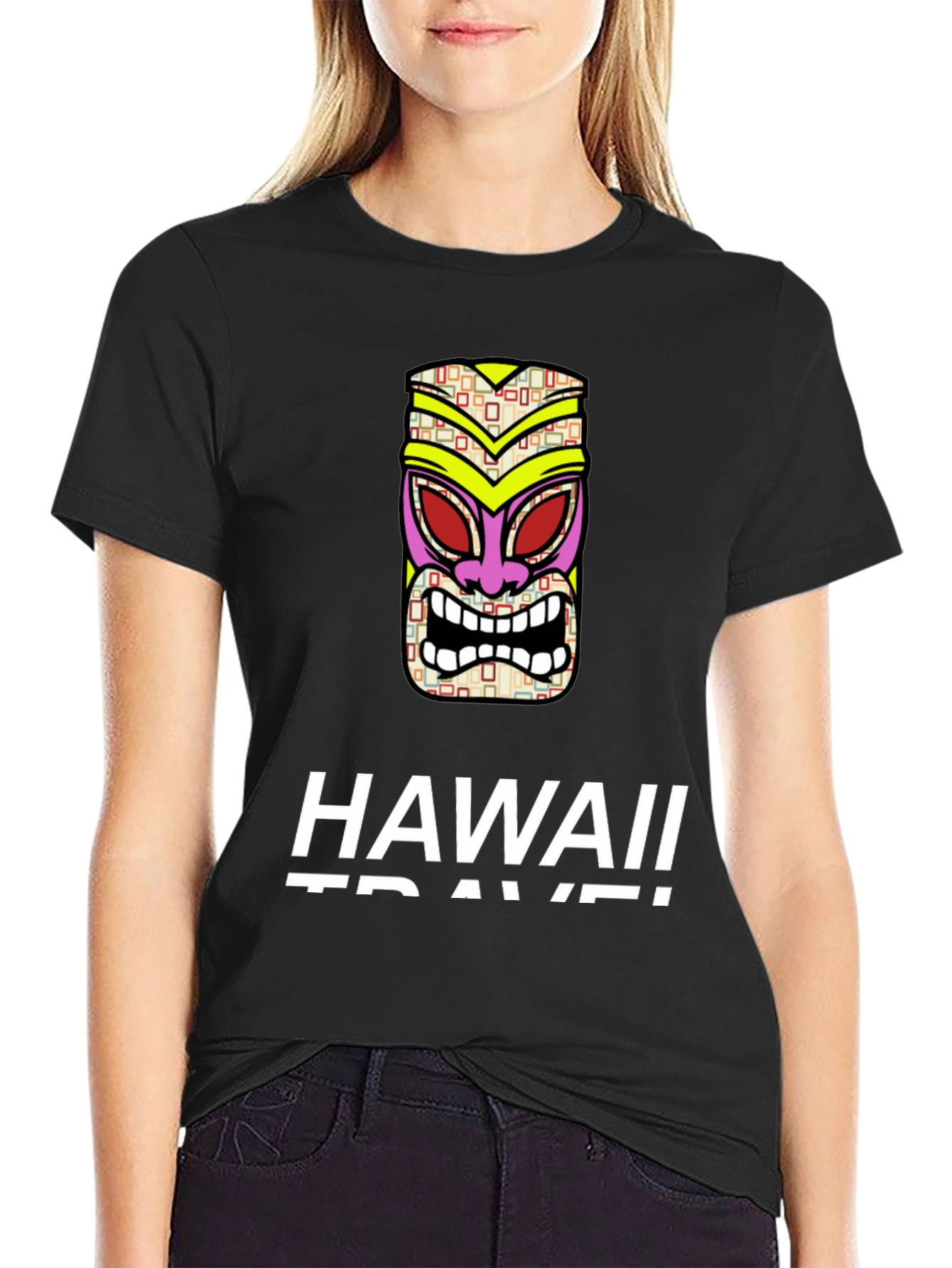 Hawaii Travel Tiki Mask Black T-Shirt