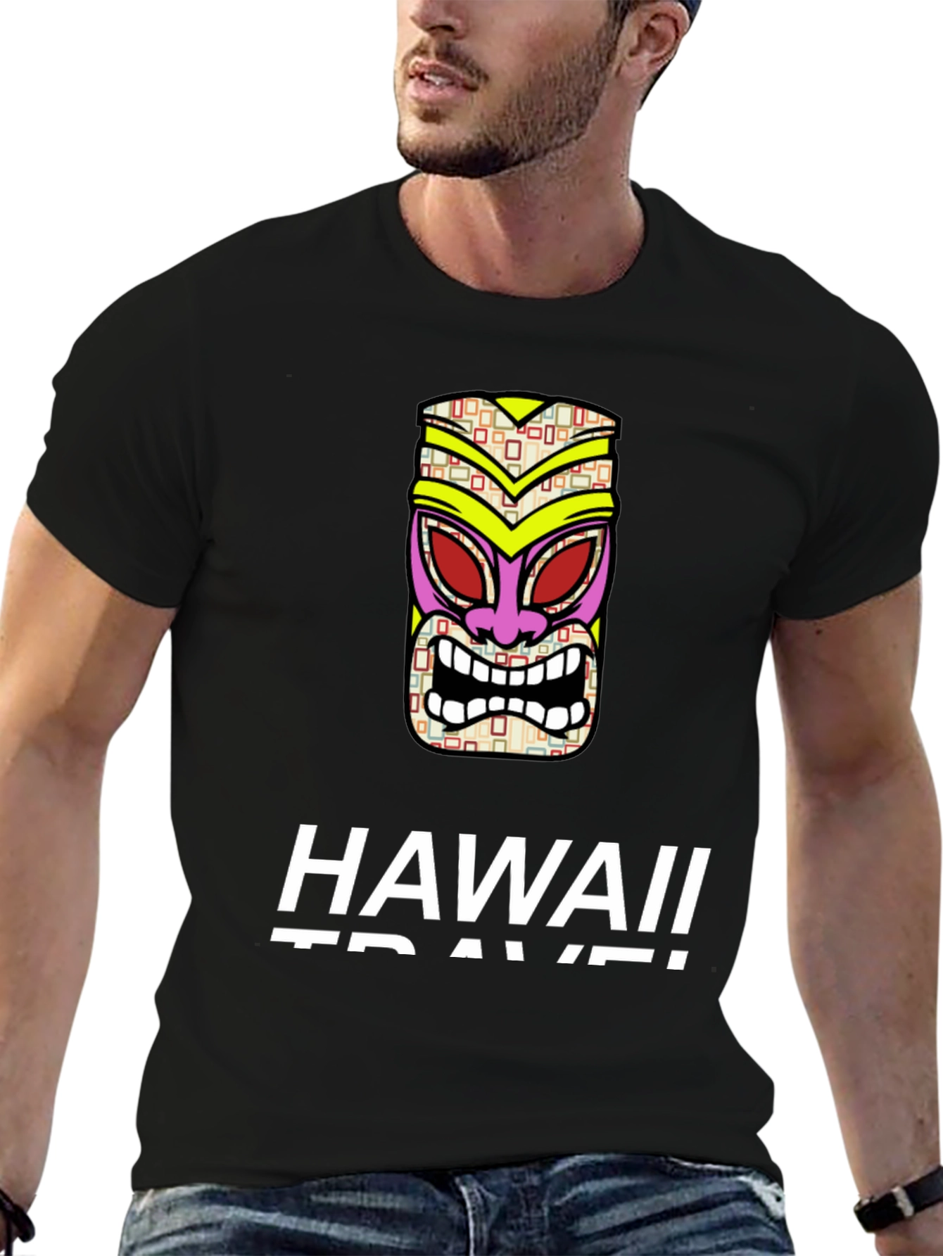 Hawaii Travel Tiki Mask Black T-Shirt