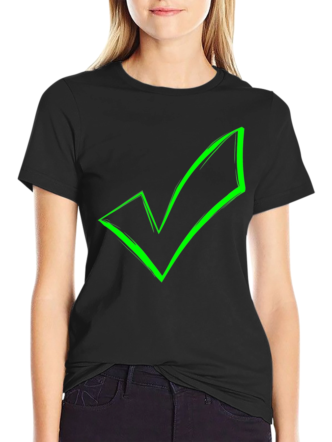 Green Checkmark Graphic Black T-Shirt