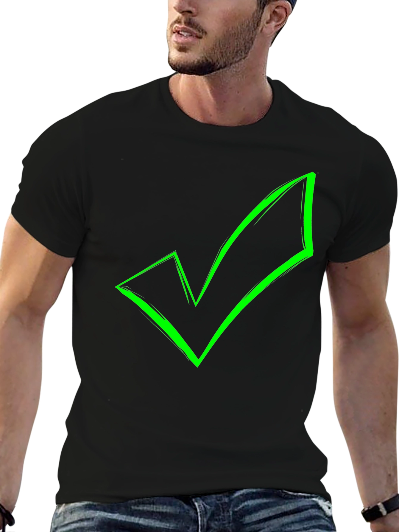 Green Checkmark Graphic Black T-Shirt