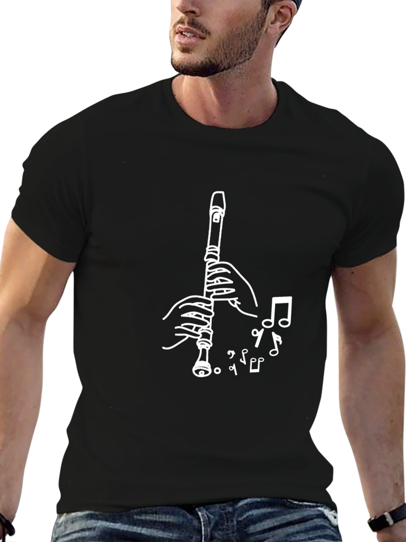 Musical Flute Graphic Tee - Black Cotton Blend