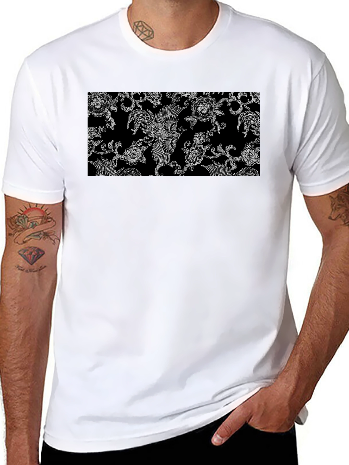 Black Tee with Floral Bird Design