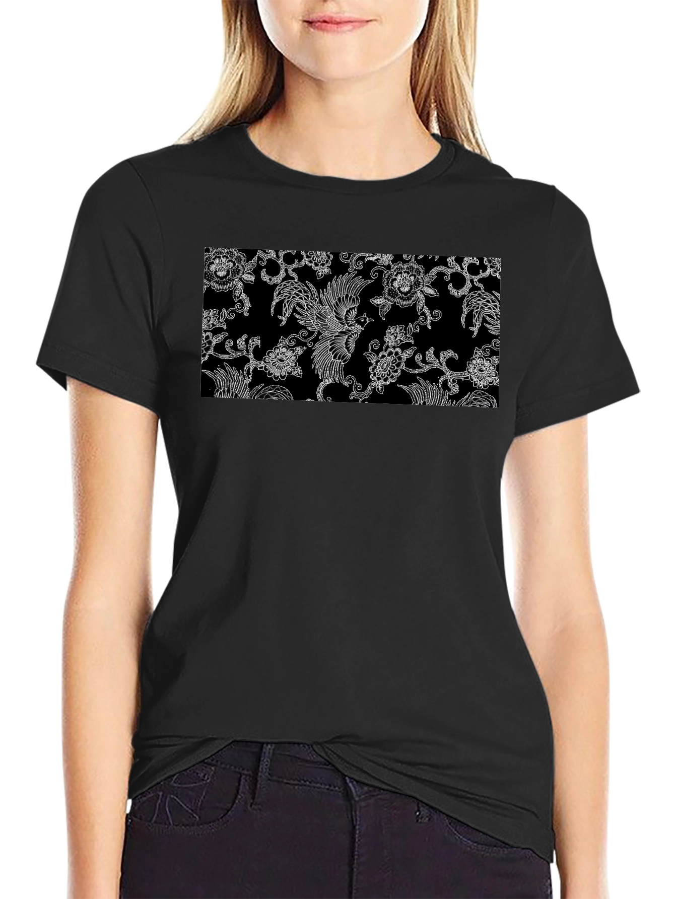 Black Tee with Floral Bird Design