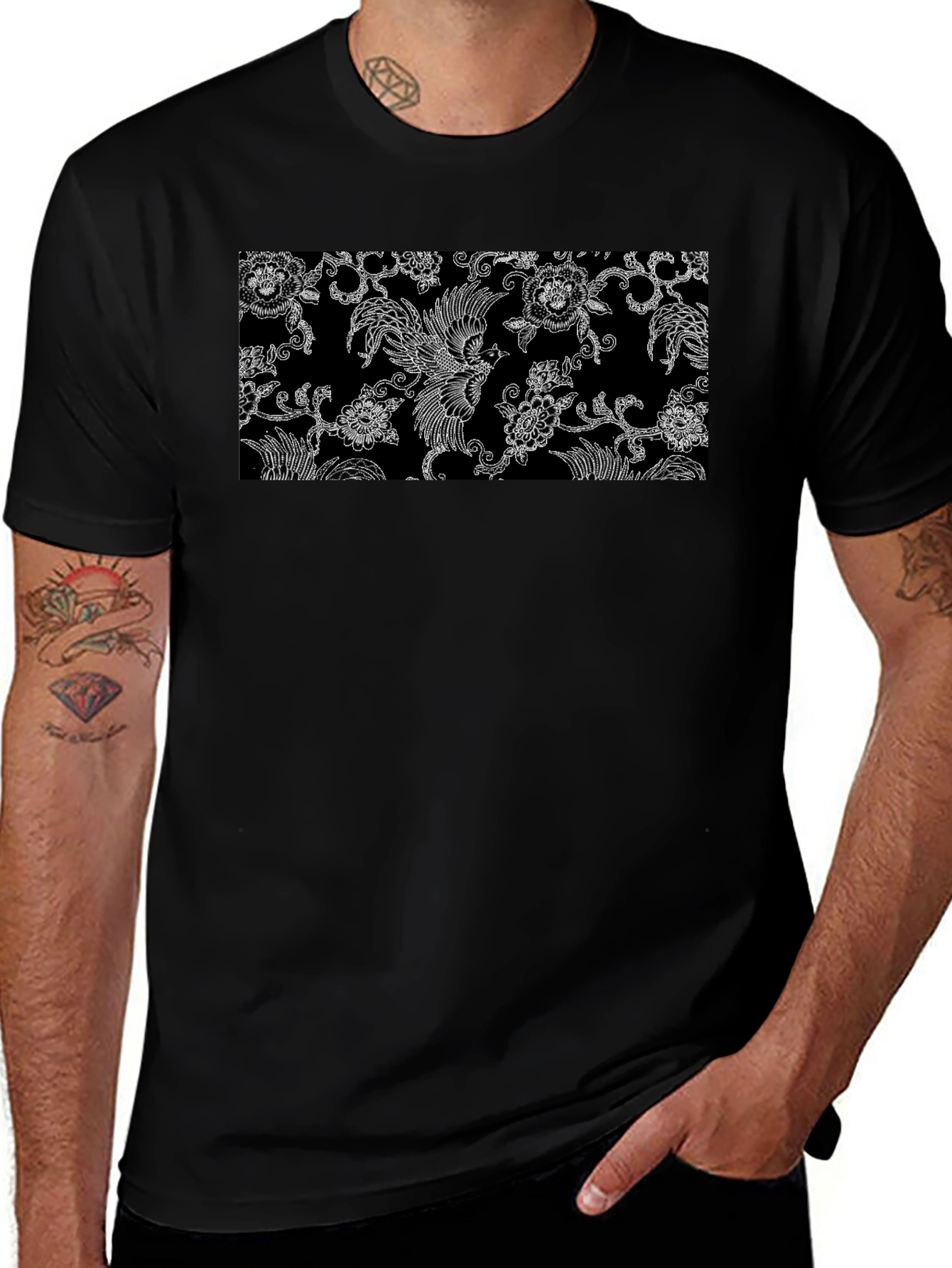 Black Tee with Floral Bird Design