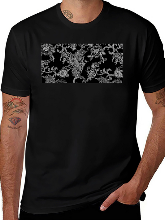 Black Tee with Floral Bird Design