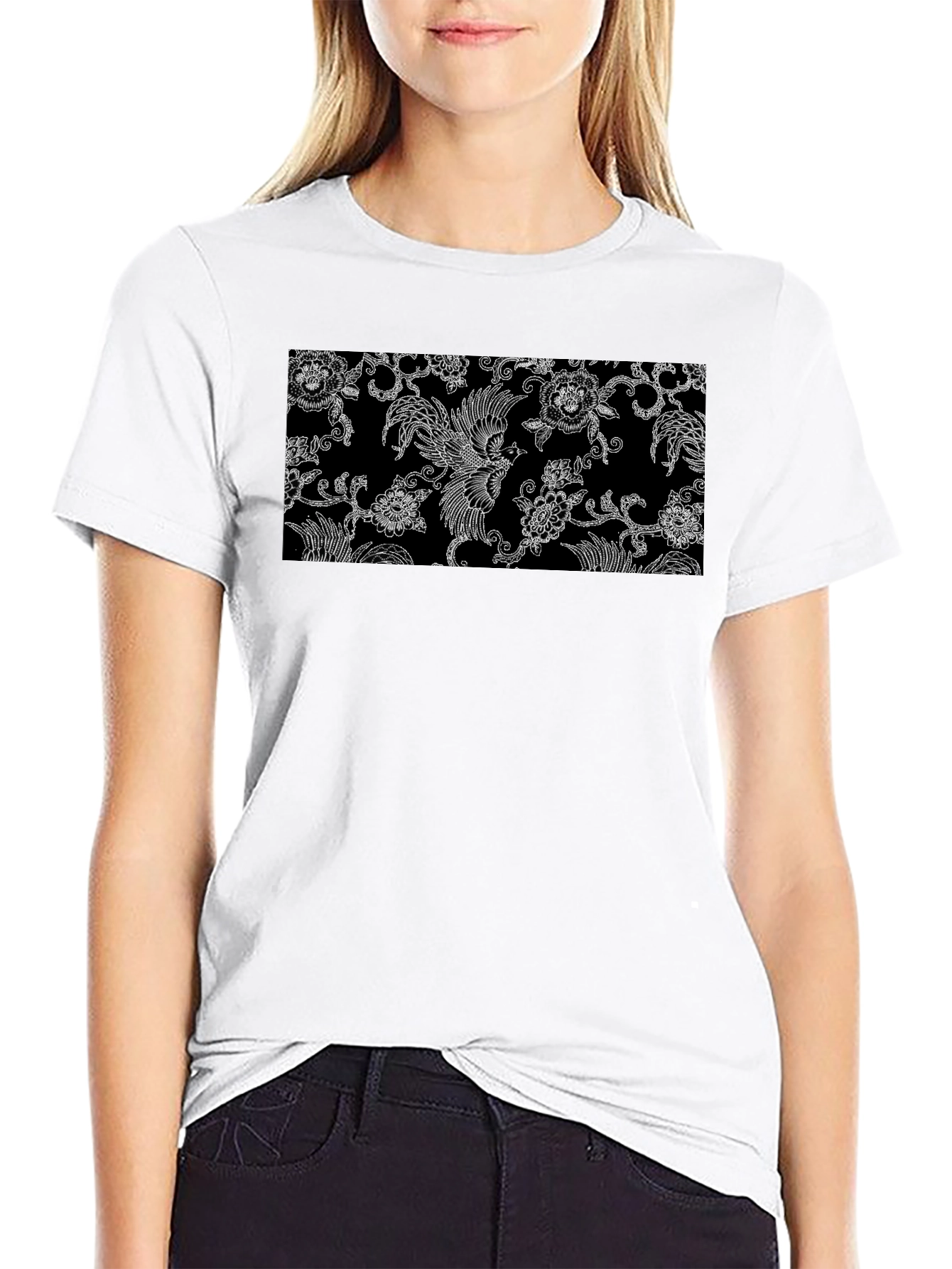 Black Tee with Floral Bird Design