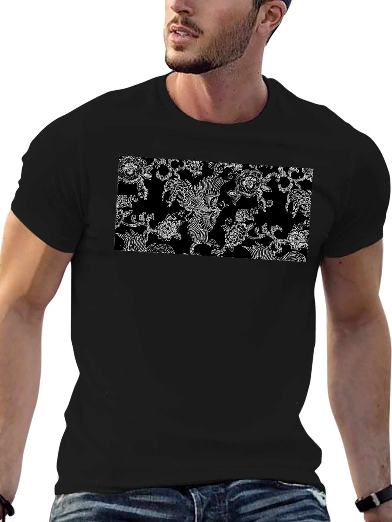 Black Tee with Floral Bird Design