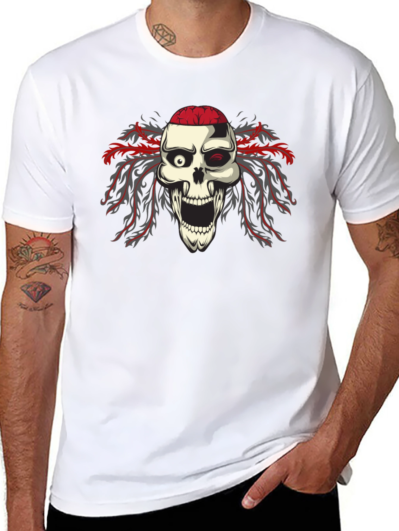 Skull Brain Graphic Print Black T-Shirt