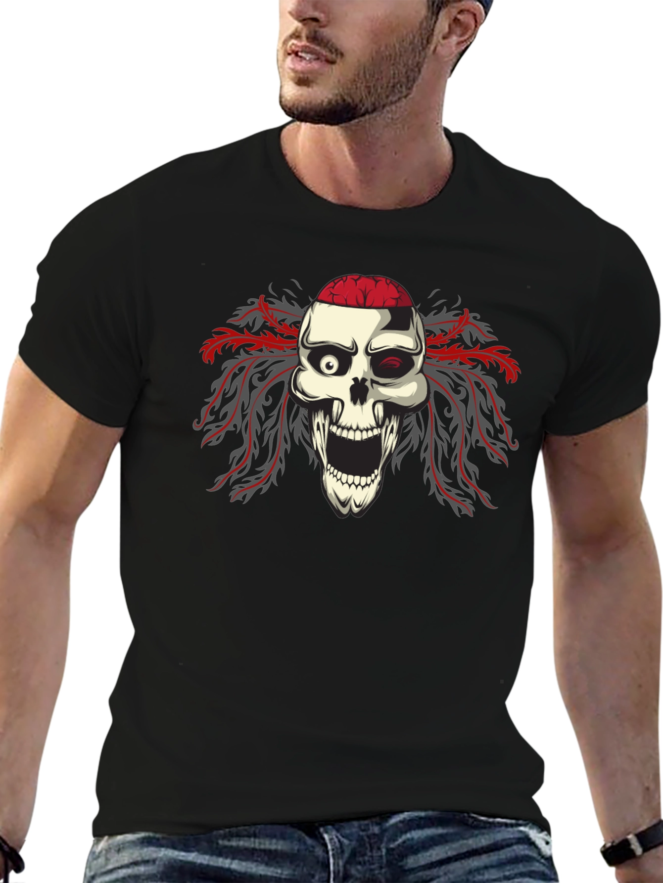 Skull Brain Graphic Print Black T-Shirt