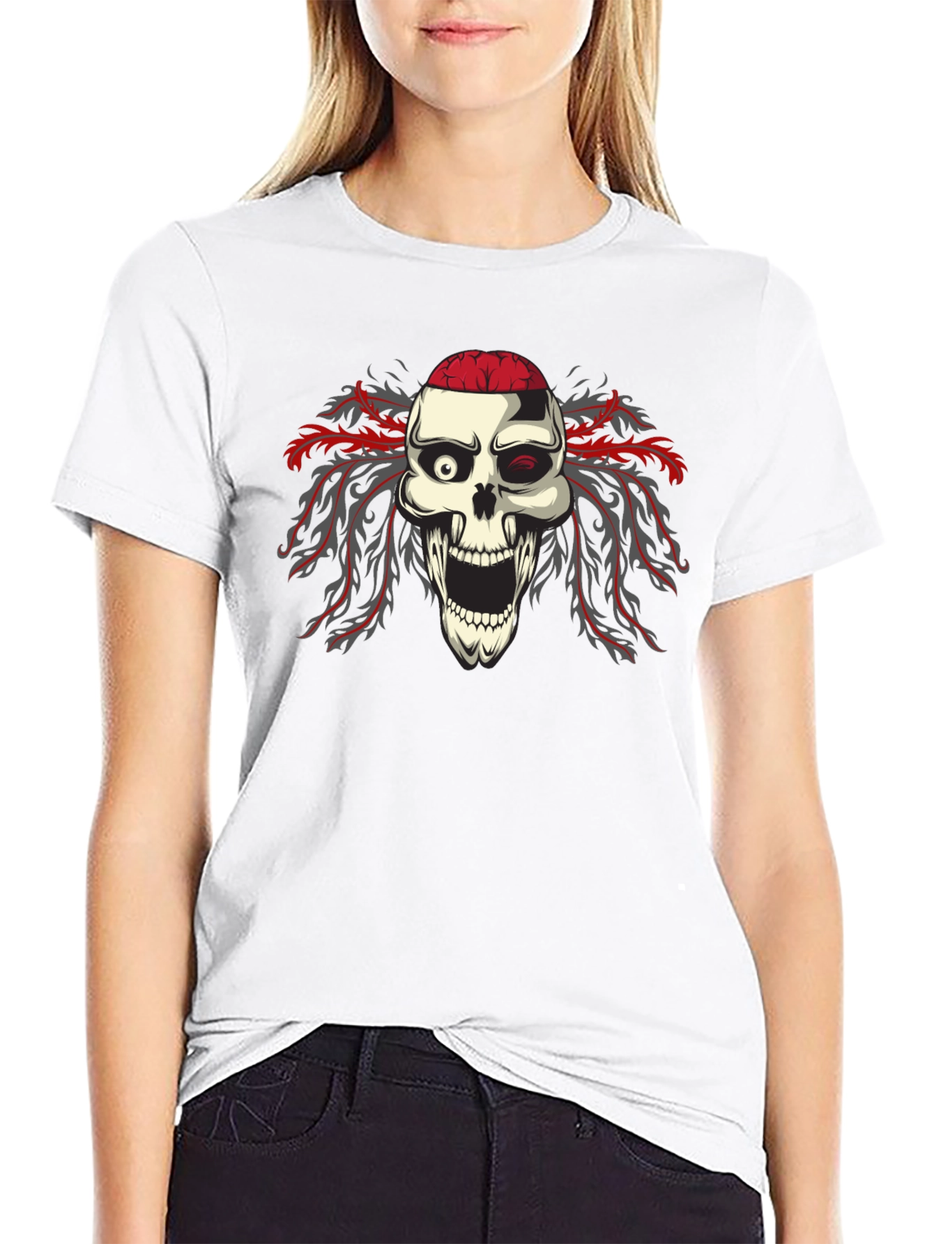 Skull Brain Graphic Print Black T-Shirt