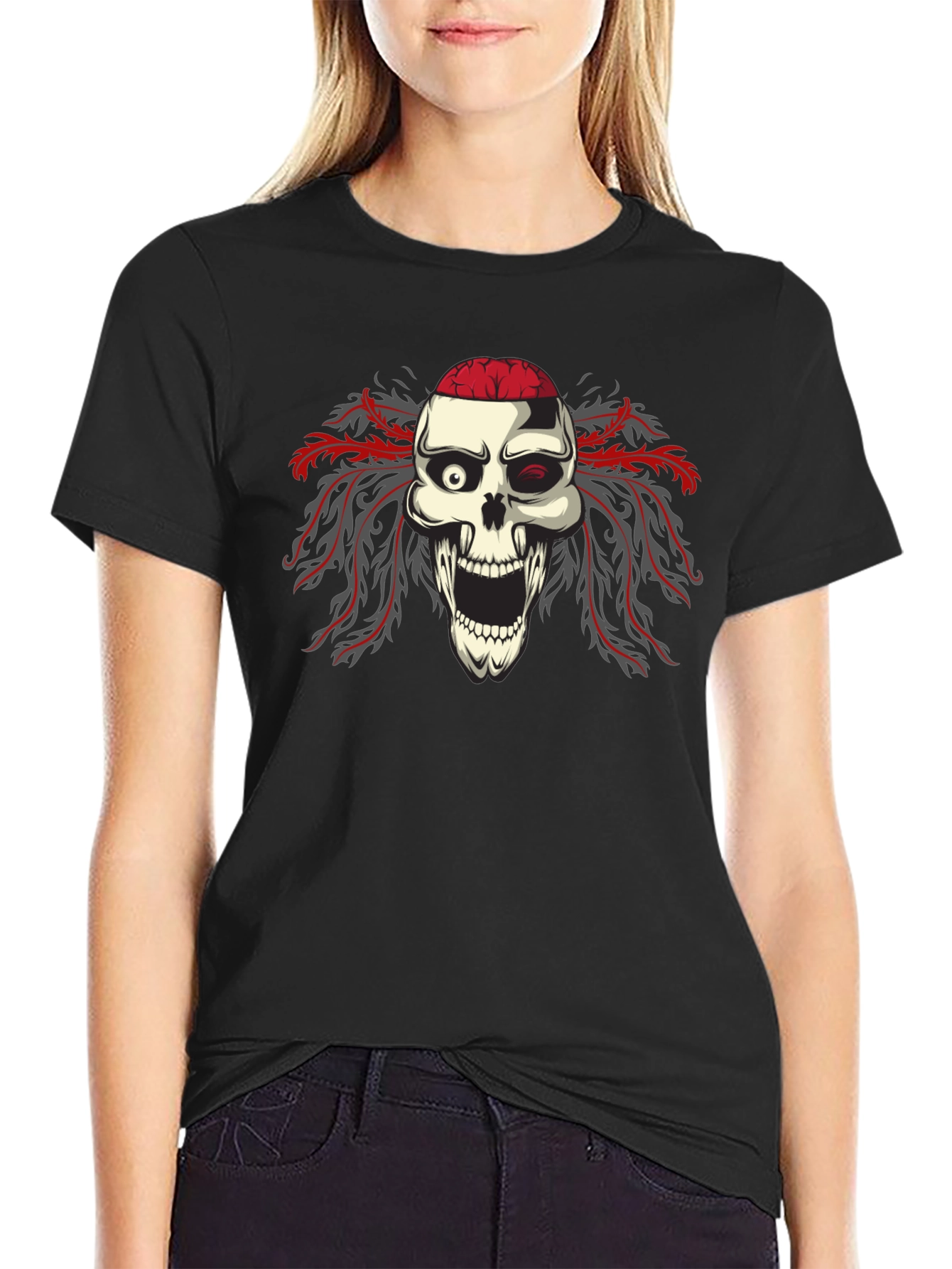 Skull Brain Graphic Print Black T-Shirt