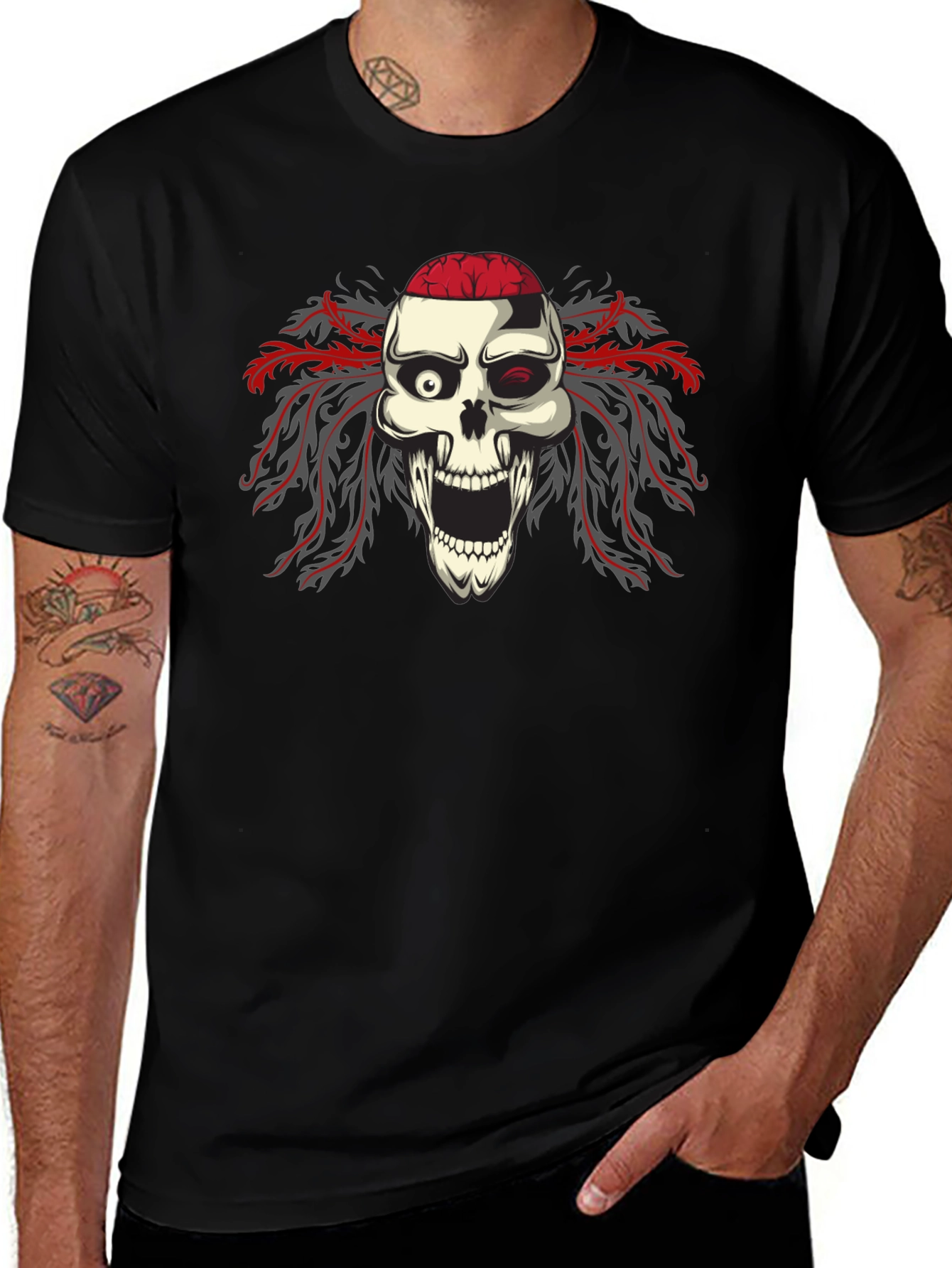 Skull Brain Graphic Print Black T-Shirt