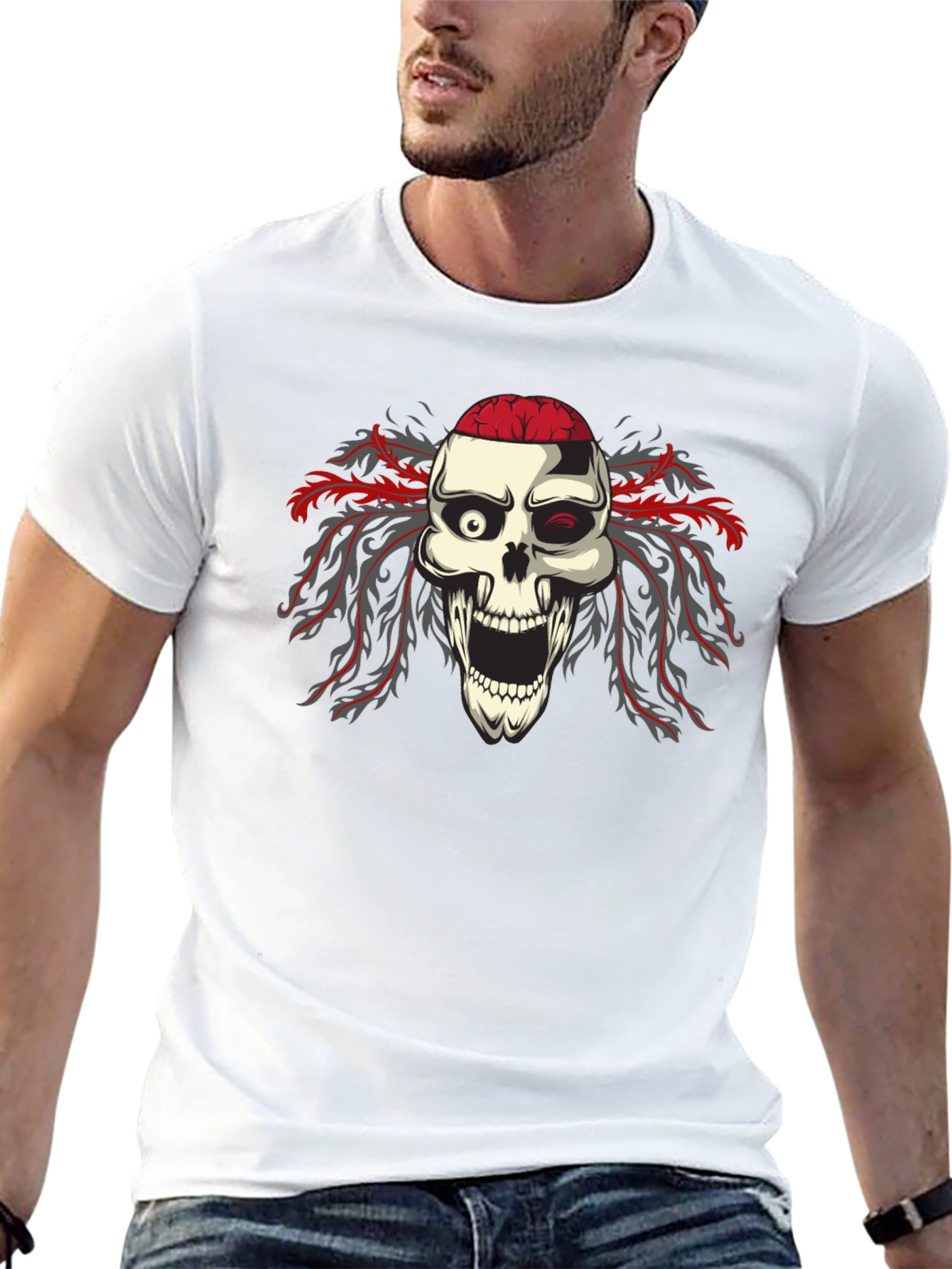 Skull Brain Graphic Print Black T-Shirt