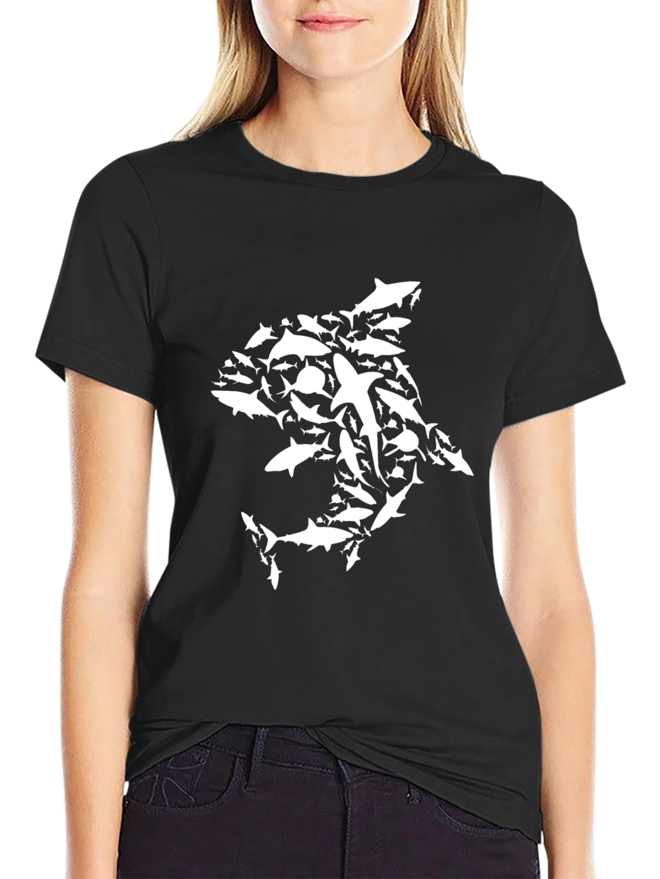 Shark Collage Graphic Tee - Black Cotton