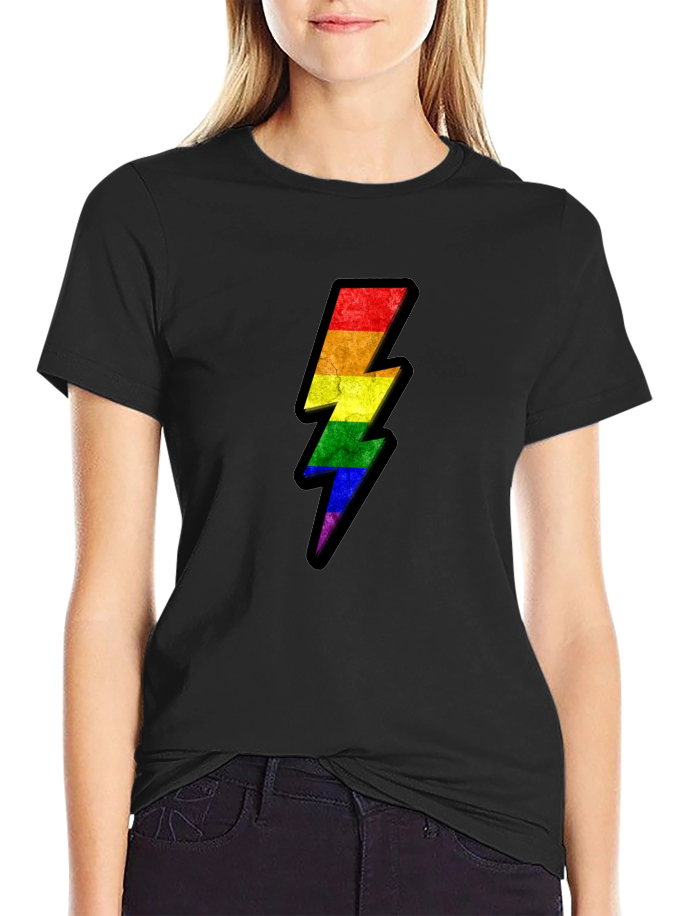 Rainbow Lightning Bolt Graphic Tee - Black