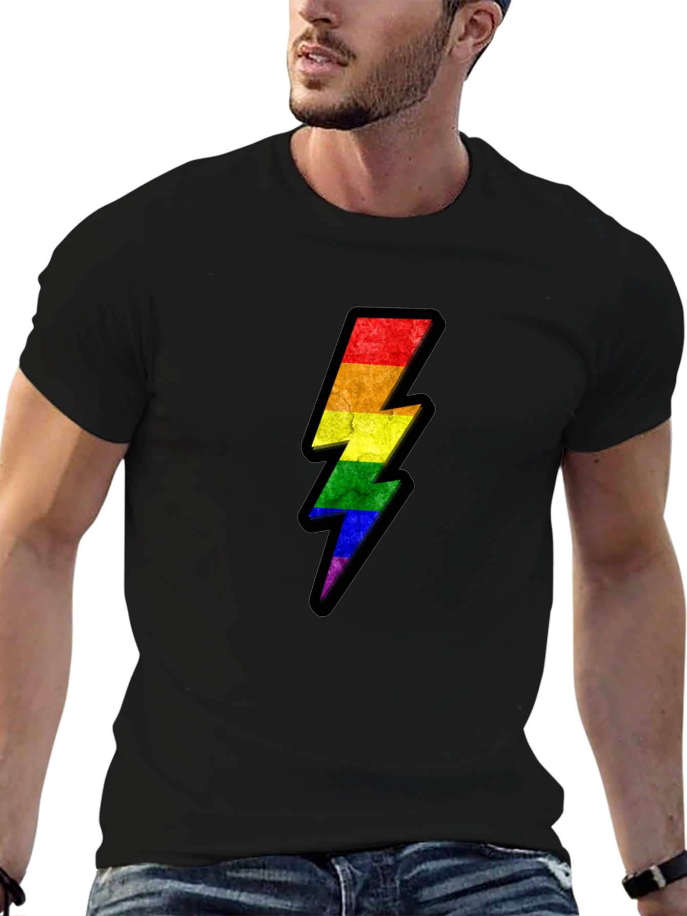 Rainbow Lightning Bolt Graphic Tee - Black