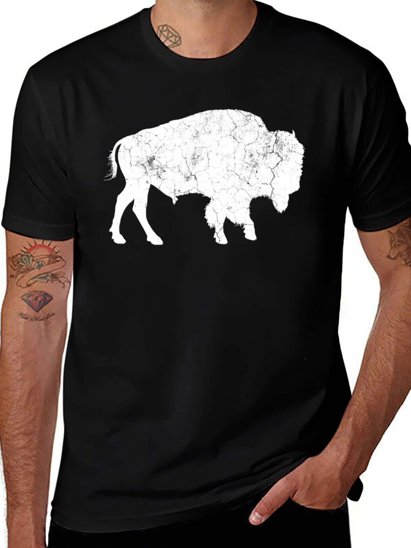 Distressed Bison Graphic Tee - Black